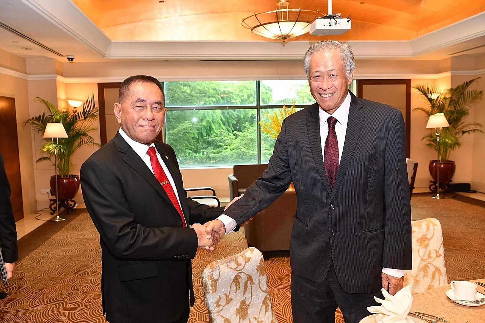 Minister for Defence Dr Ng Eng Hen (right) meeting with Indonesia Minister of Defence General (Retired) Ryamizard Ryacudu on the sidelines of the 2018 Southeast Asia Counter-terrorism Symposium yesterday. 