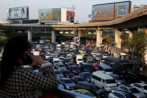 Vehicles stuck in traffic after a strong earthquake struck central Myanmar which affected Bangkok on March 28.