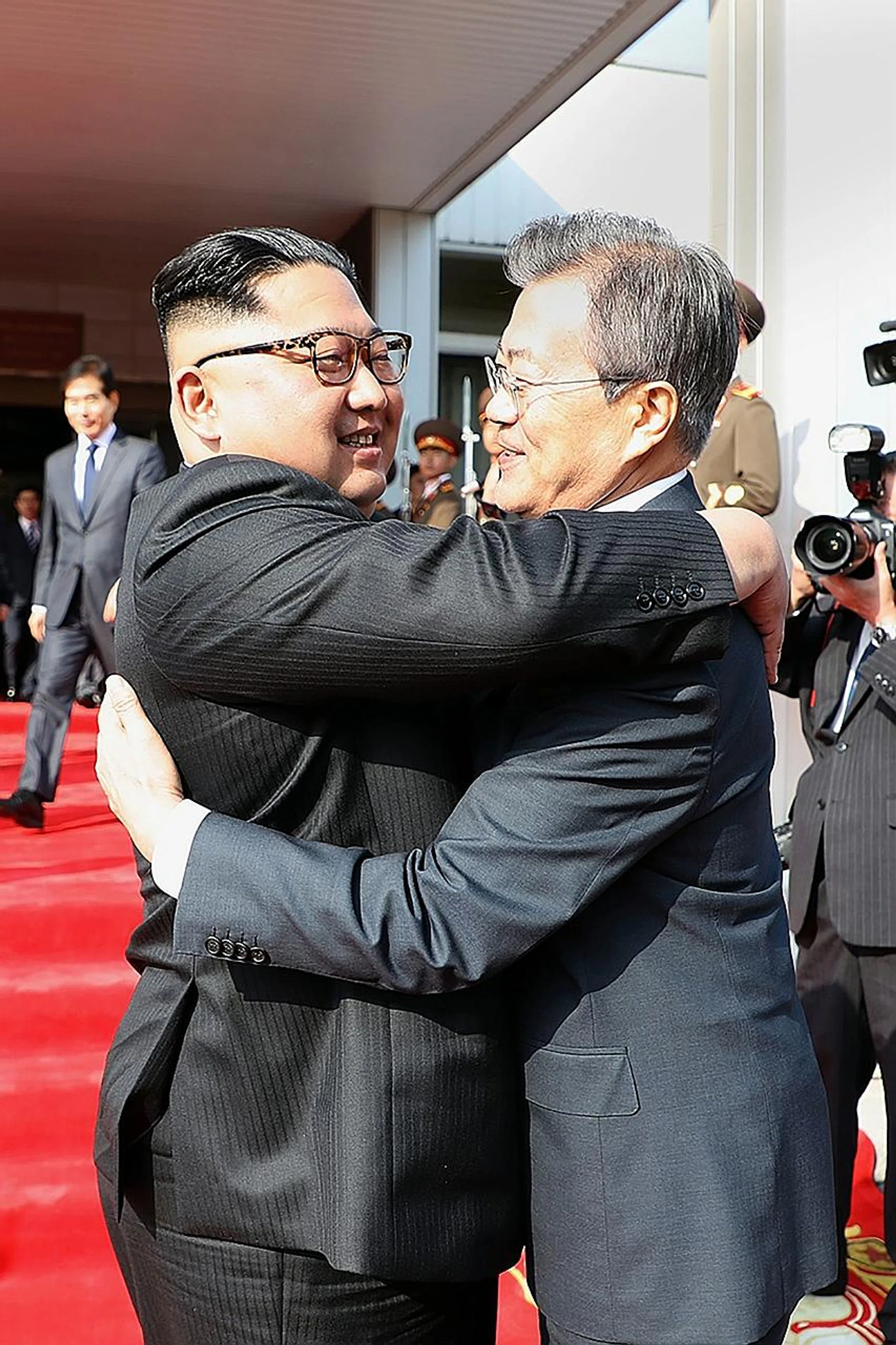  South Korea's President Moon Jae In hugging North Korea's leader Kim Jong Un on Saturday. 