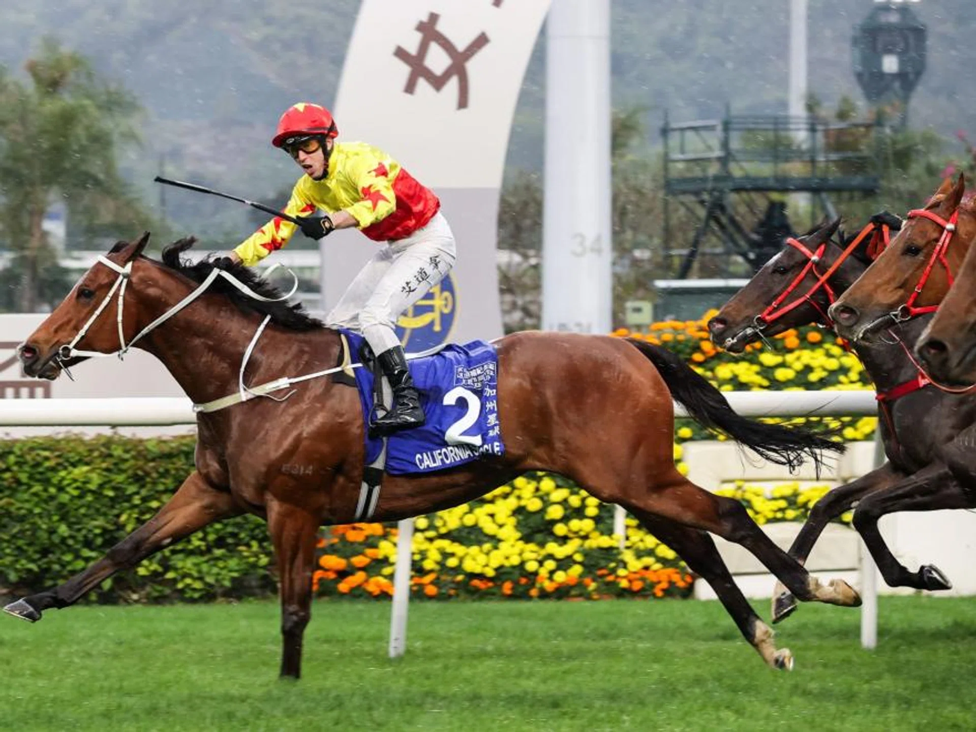 Jockey Brenton Avdulla celebrating on the Tony Cruz-trained California Spangle in the Group 1 Queen’s Silver Jubilee Cup (1,400m) at Sha Tin Racecourse on March 10. His mount led all the way.
