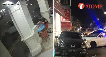 Car crashes into parked Benz; nearly hits people sitting outside coffee shop