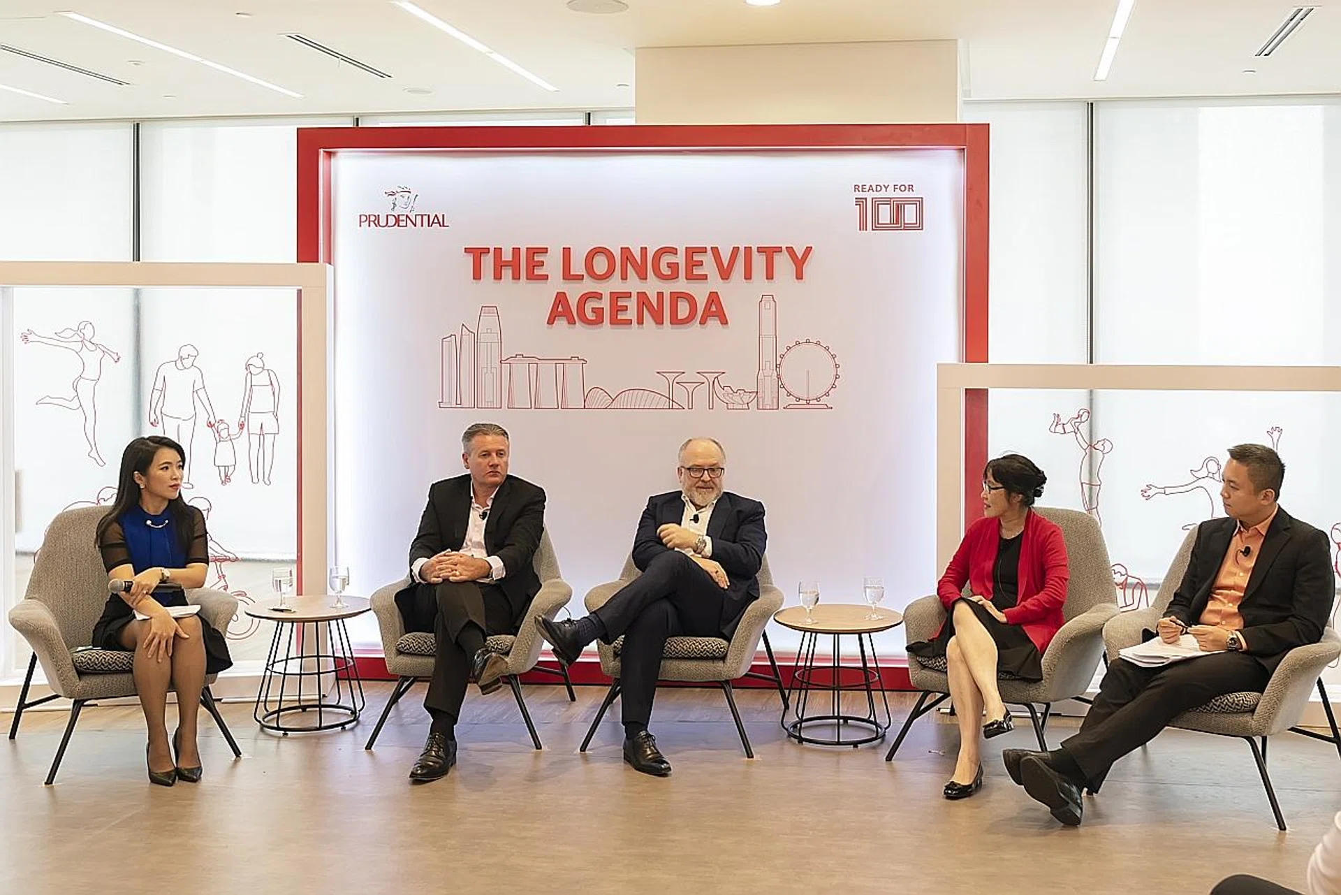 The Longevity Agenda panel discussion featuring (from left) moderator Yvonne Chan; Prudential CEO Wilf Blackburn; Professor Andrew Scott of London Business School; Dr Carol Tan, medical director at The Good Life Co-operative; and Mr Jeffrey Tan, director of knowledge and advocacy at the National Volunteer and Philanthropy Centre. 