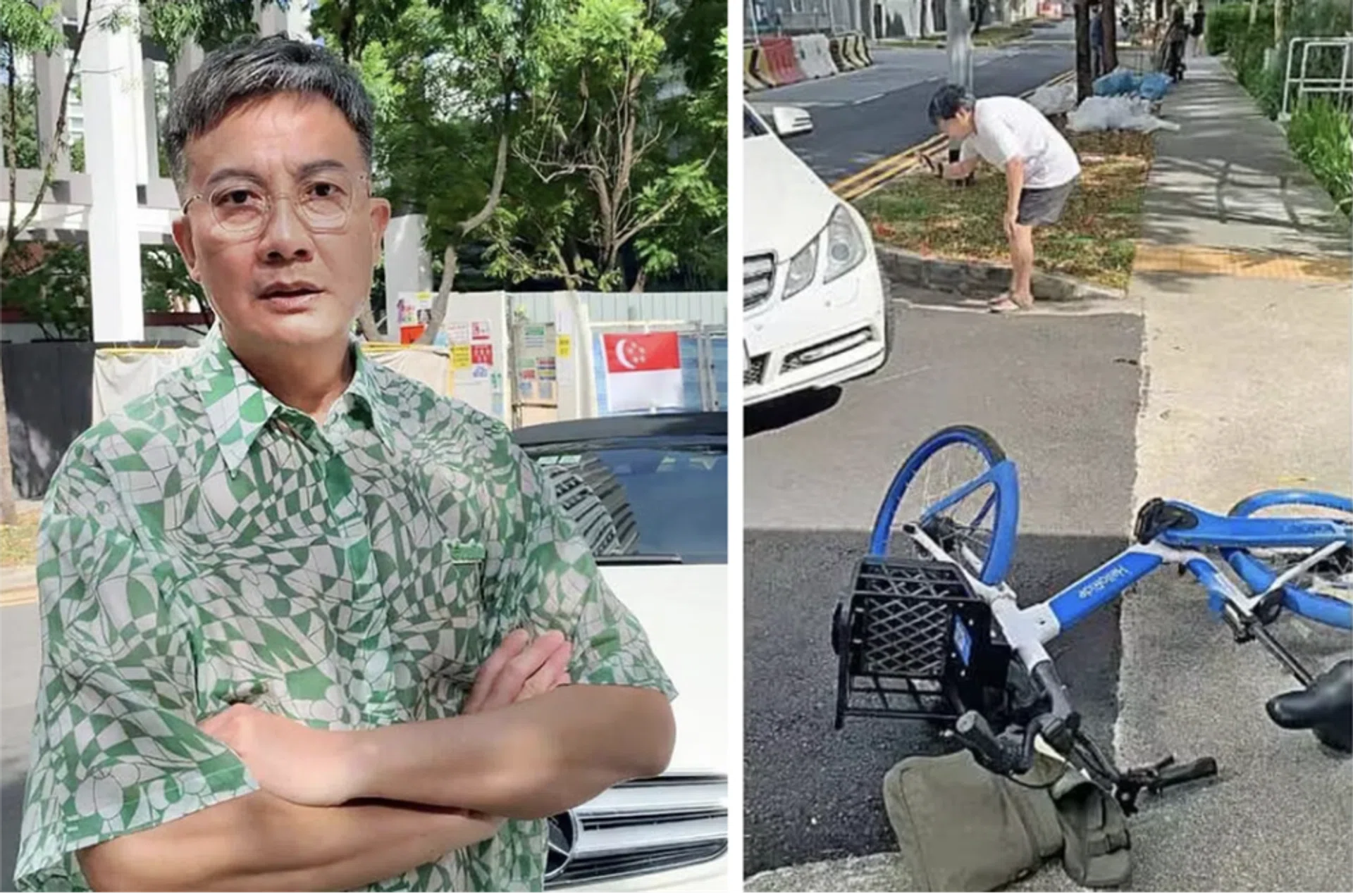 The cyclist left his bike on the road and left after he rode into Chen Hanwei's (left) car.