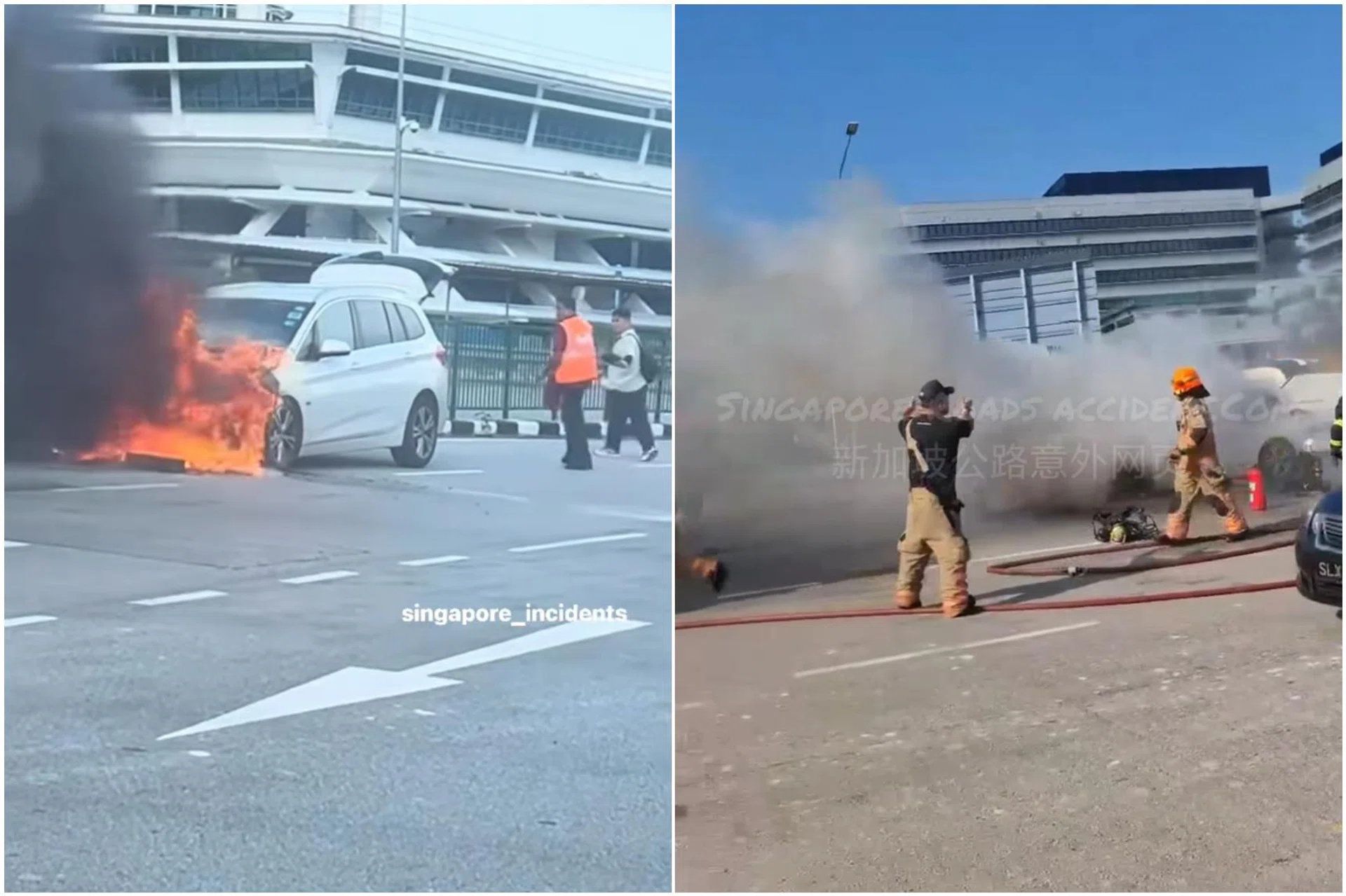 The fire involved the car’s engine compartment, and was extinguished using a water jet and hose reel.