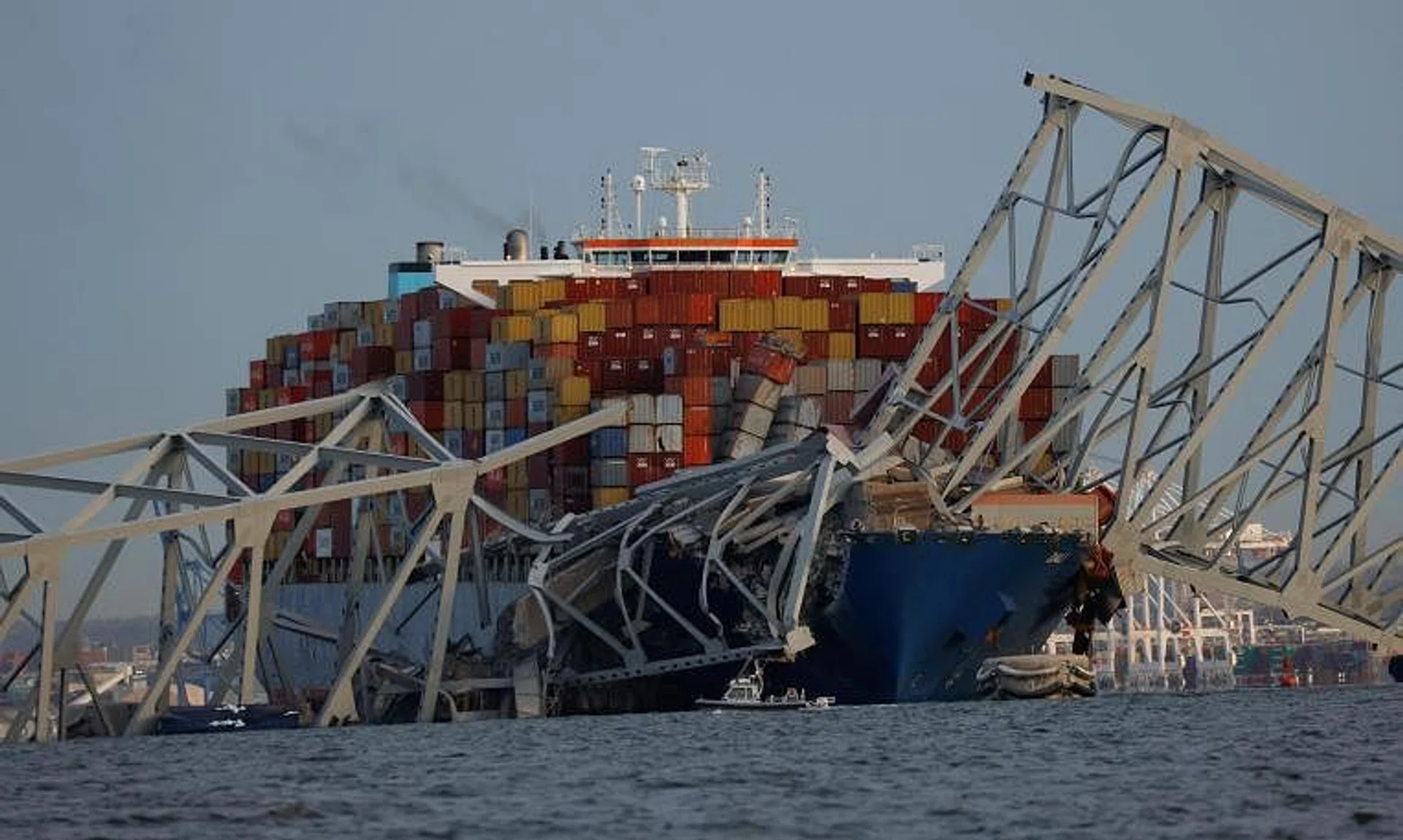 A view of the Dali cargo vessel, which crashed into the Francis Scott Key Bridge, causing it to collapse in Baltimore, Maryland, on March 26.
