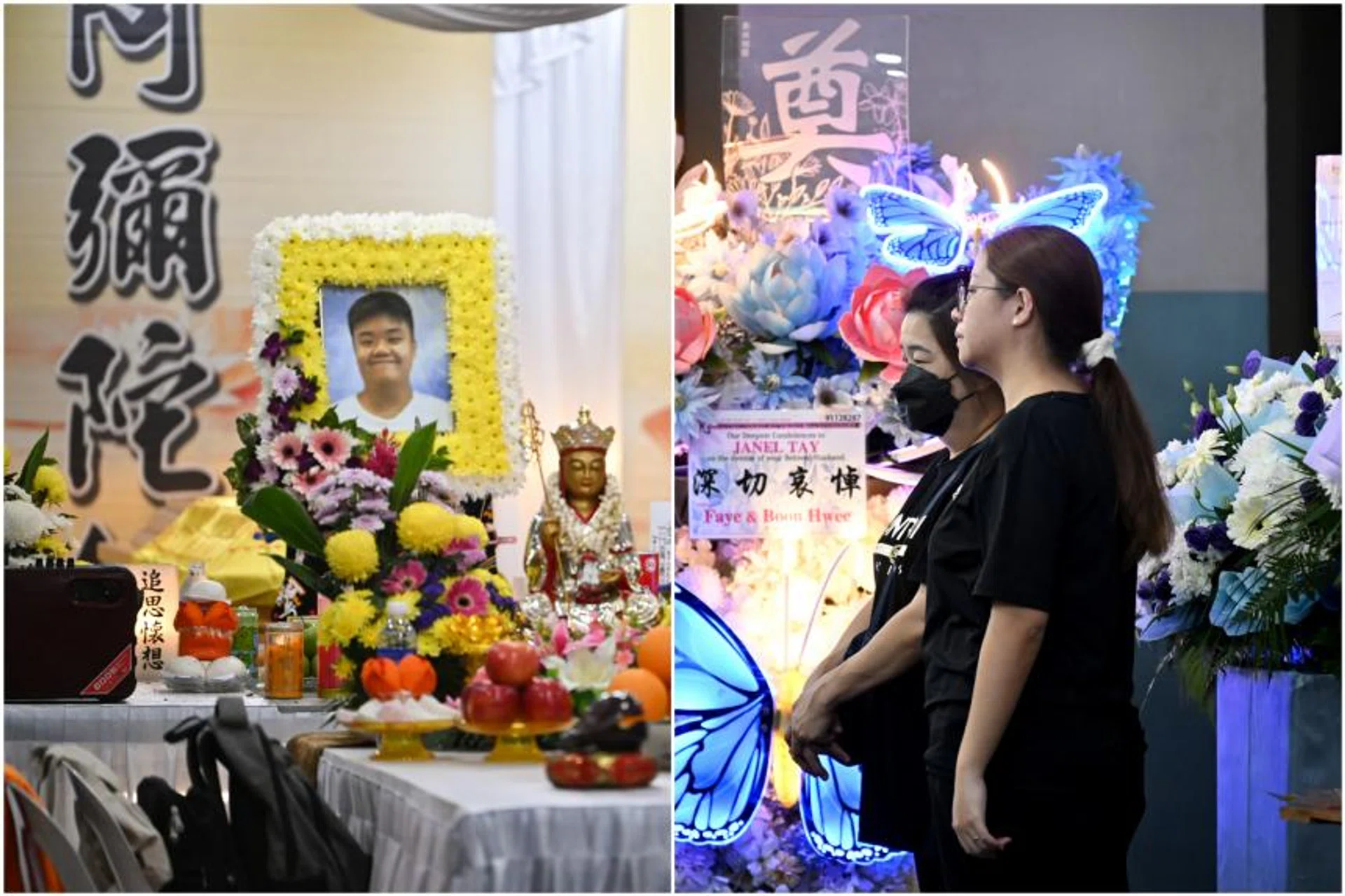 Ms Janel Tay (right) at the wake of her husband Jason Tan, on April 13, 2022. 
