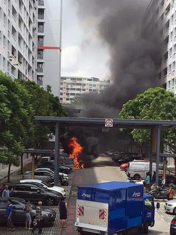 Cleaner jumps out of cleaning buggy as it bursts into flames