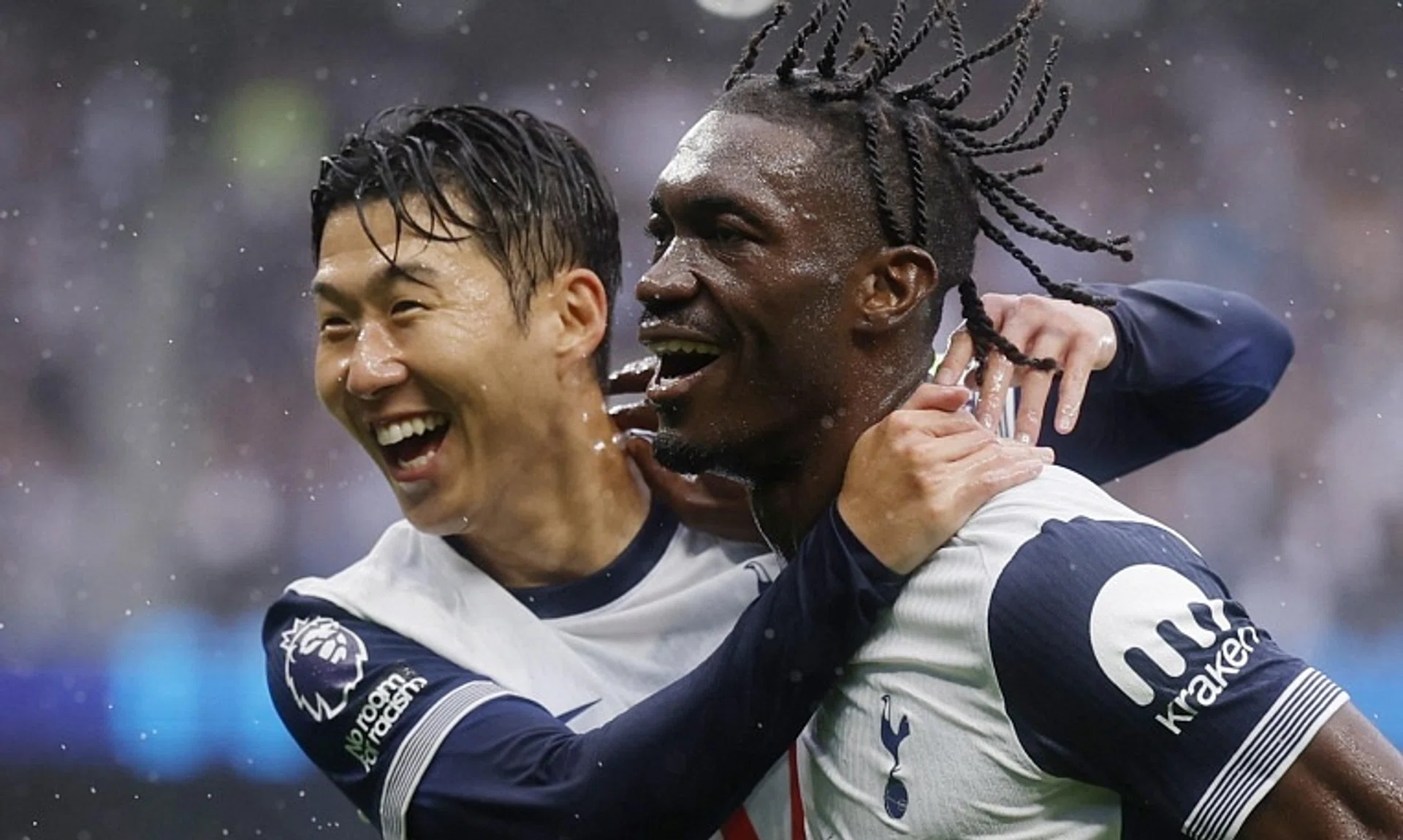 Yves Bissouma celebrates scoring Tottenham's first goal with Son Heung-min..