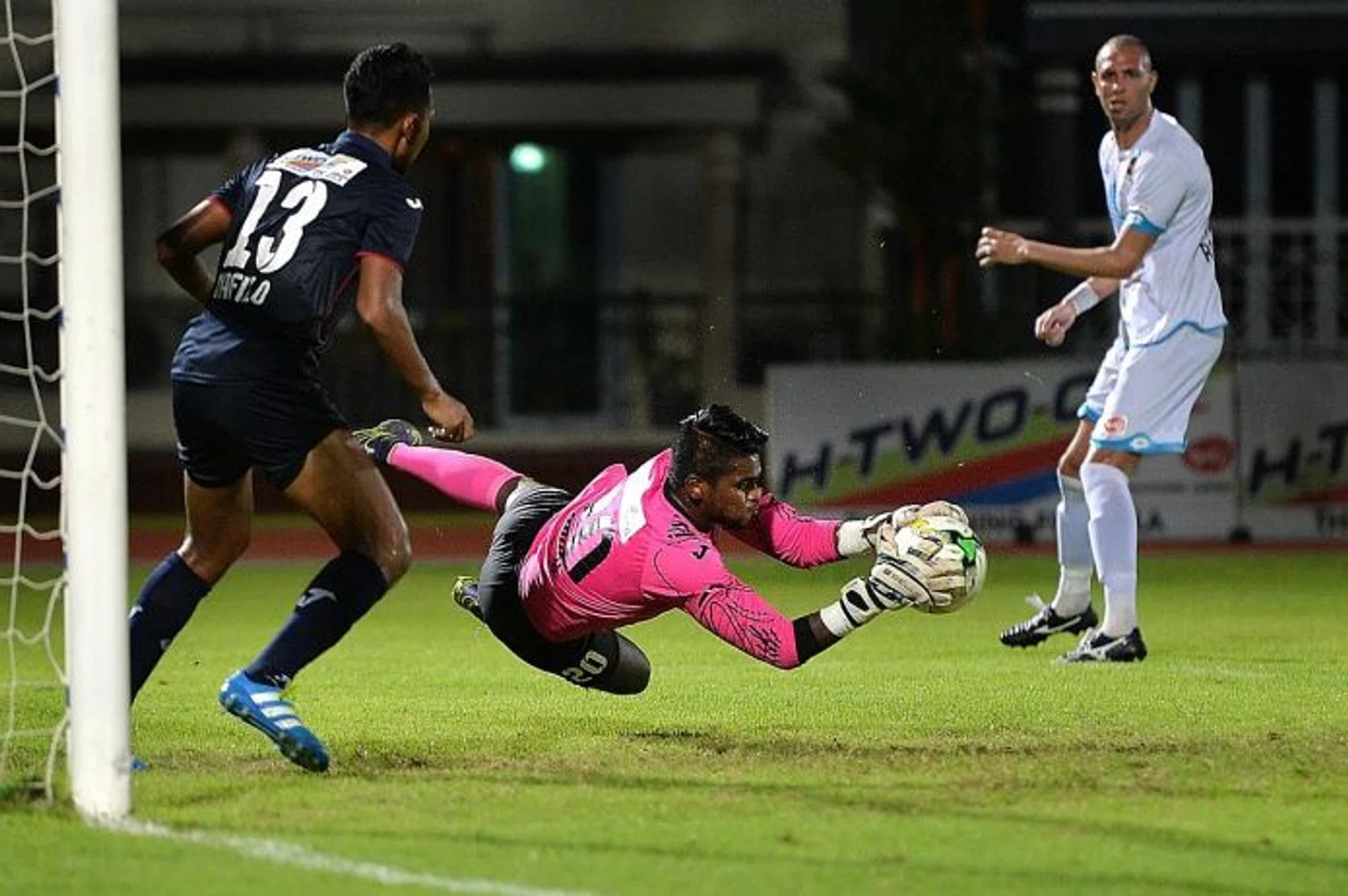 DENIED: Rookie Warriors goalkeeper Zainol Gulam making yet another big save to help his side to a draw against DPMM.