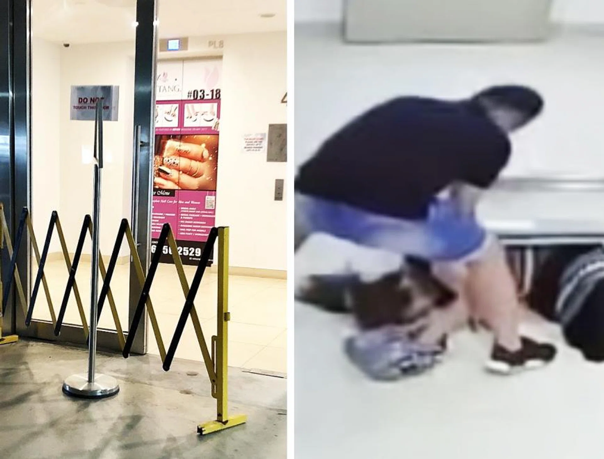 The glass door at the building's fourth-storey carpark lift lobby fell on a woman, leaving her severely injured. 