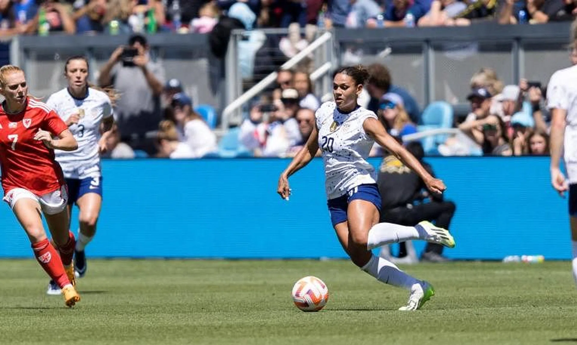 US forward Trinity Rodman, daughter of former NBA player Dennis Rodman, in action during a match against Wales in July. 
