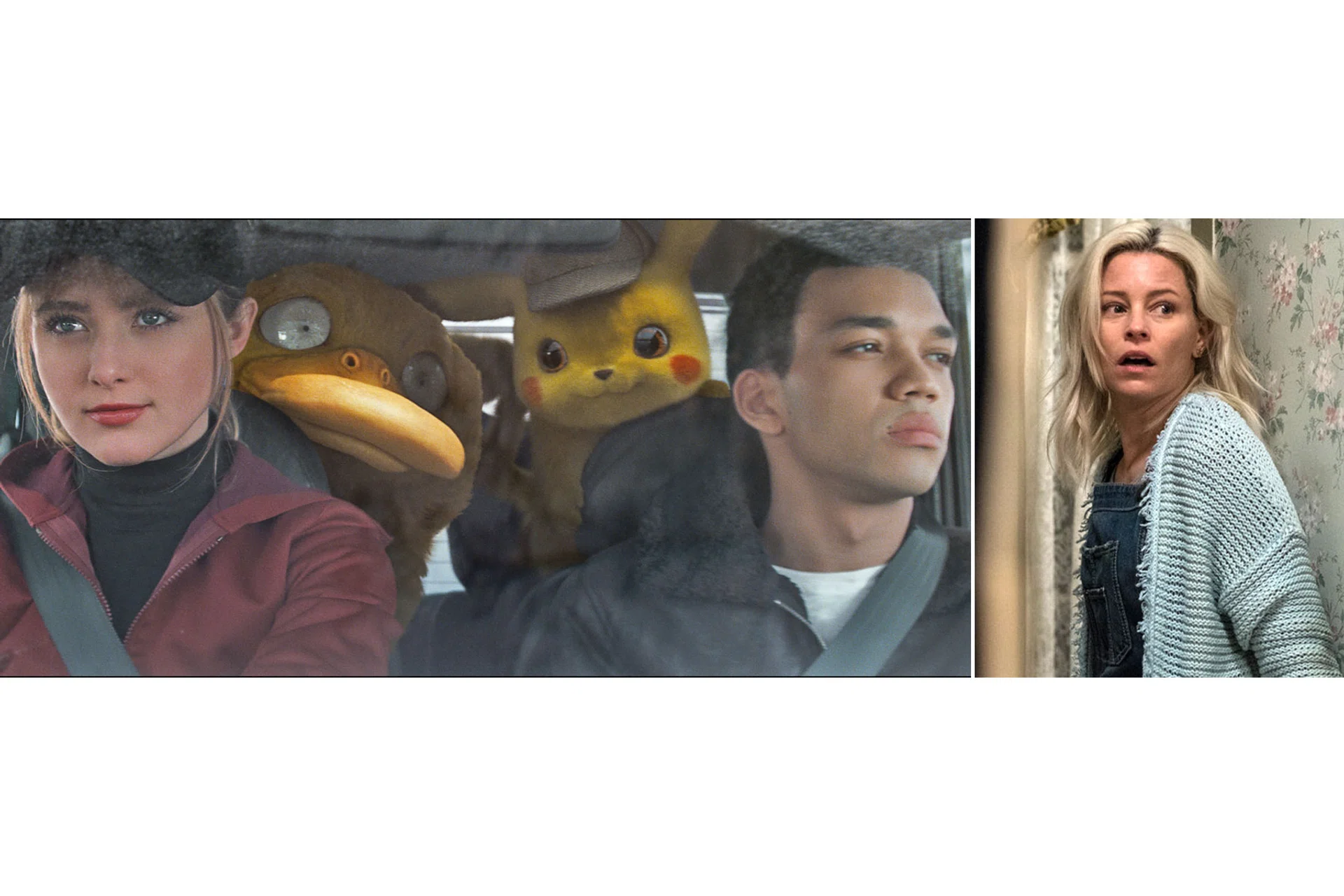 (From left) Kathryn Newton and Justice Smith in Detective Pikachu, Elizabeth Banks in Brightburn. 