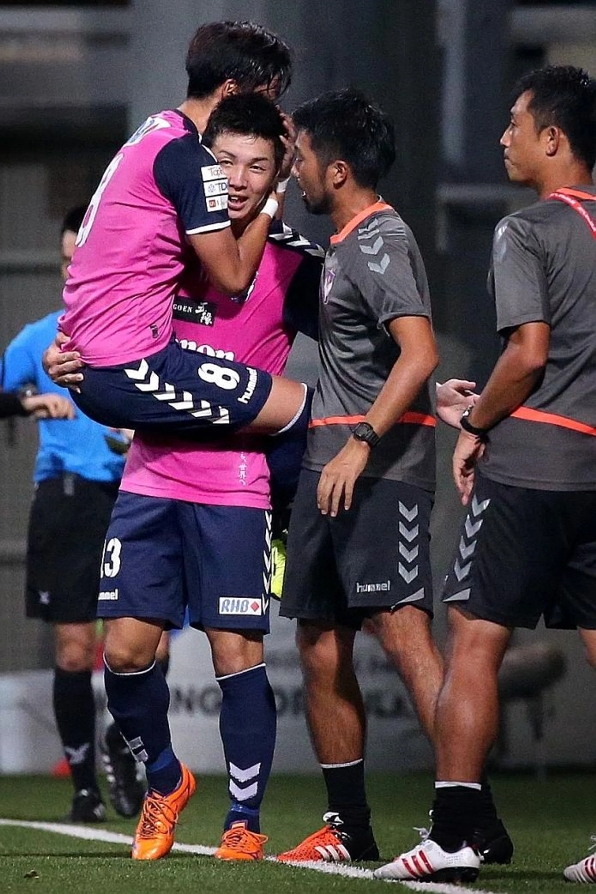 ALBIREX ACE: Atsushi Kawata (centre) earns the plaudits after his brace for Albirex Niigata.