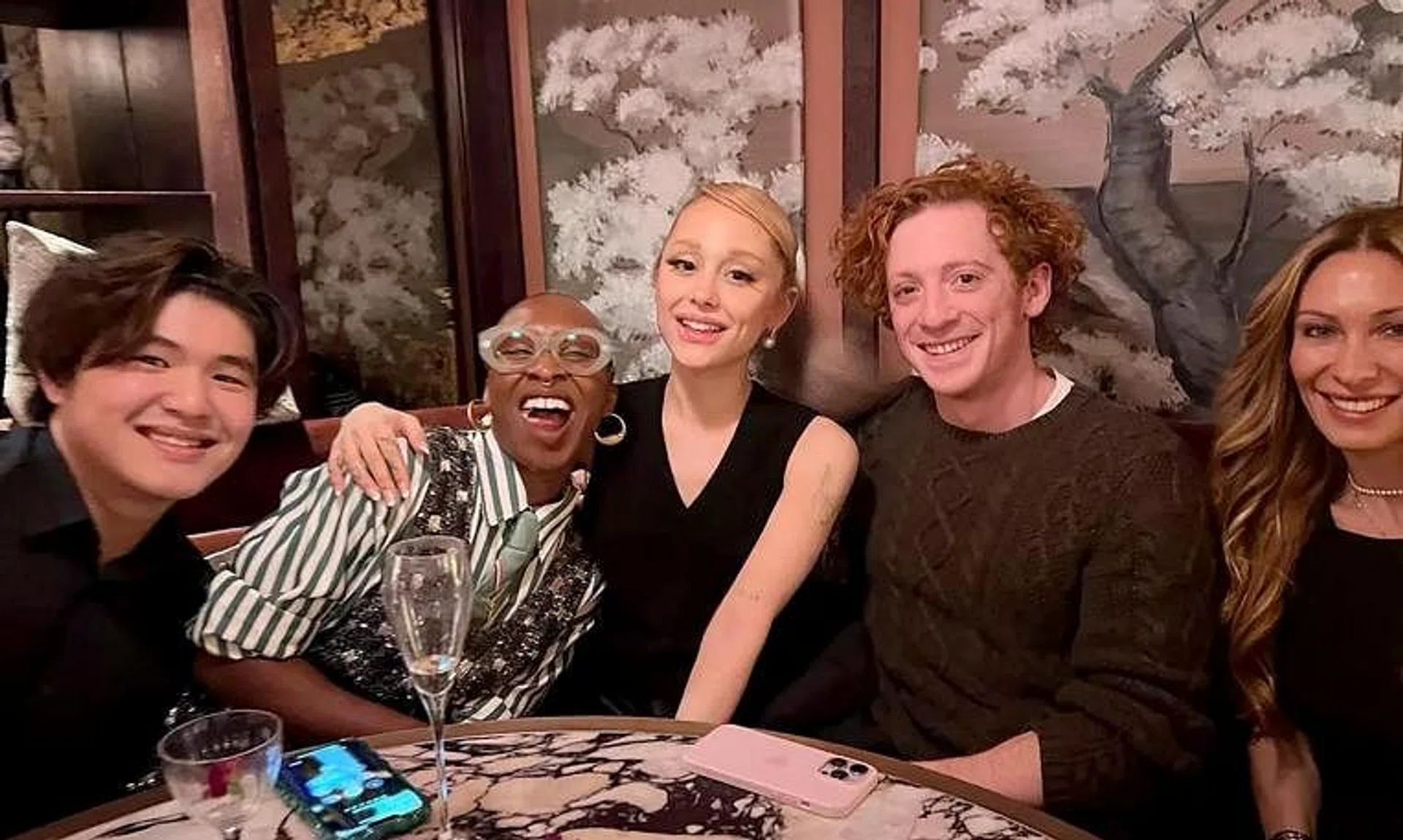 Singer Ariana Grande (centre) is rumoured to be dating her Wicked co-star Ethan Slater (second right), both seen in this photo posted by actress Michelle Yeoh in March 2023.