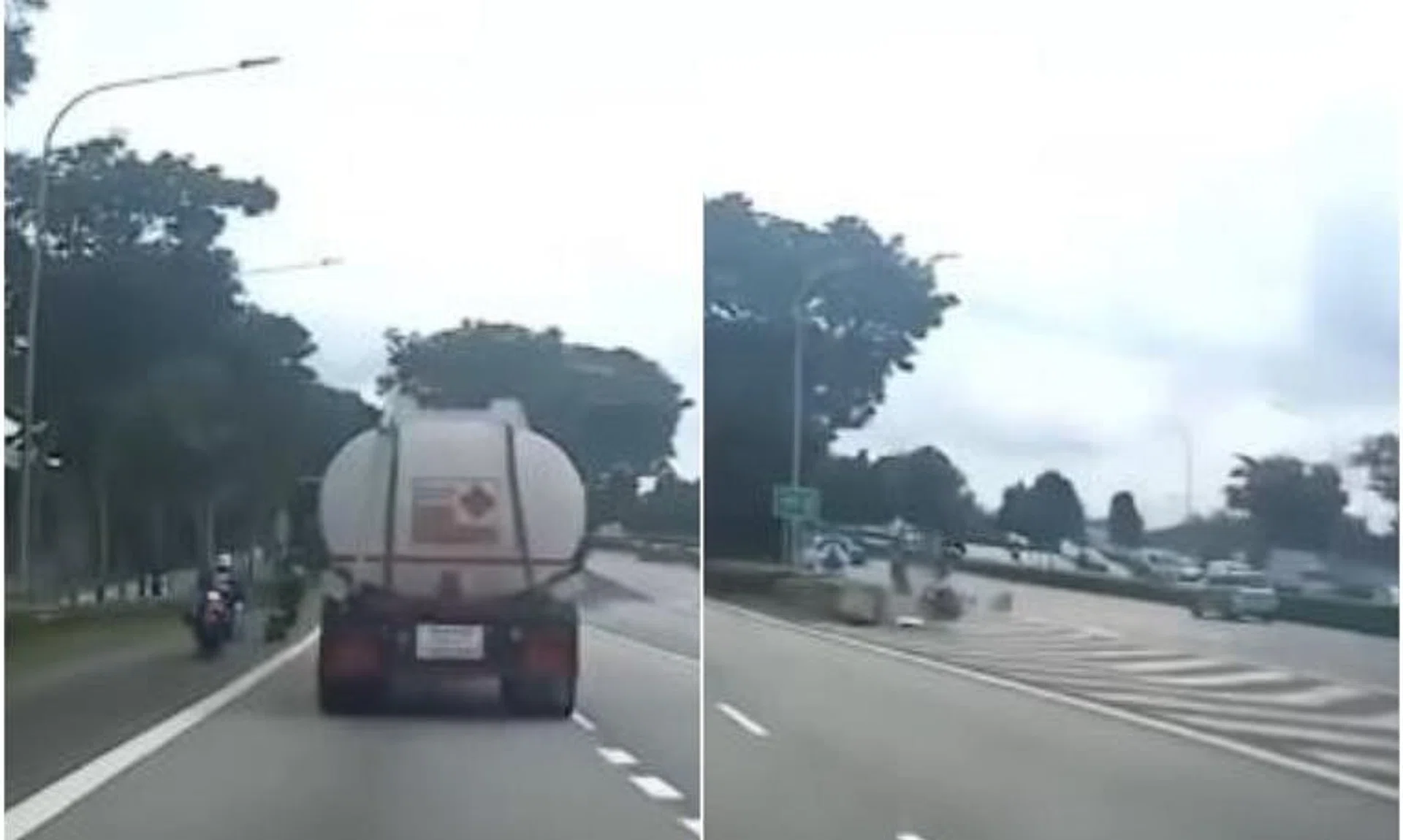 The officer (left) crashed his motorcycle into a road divider while following a rider who was later arrested.