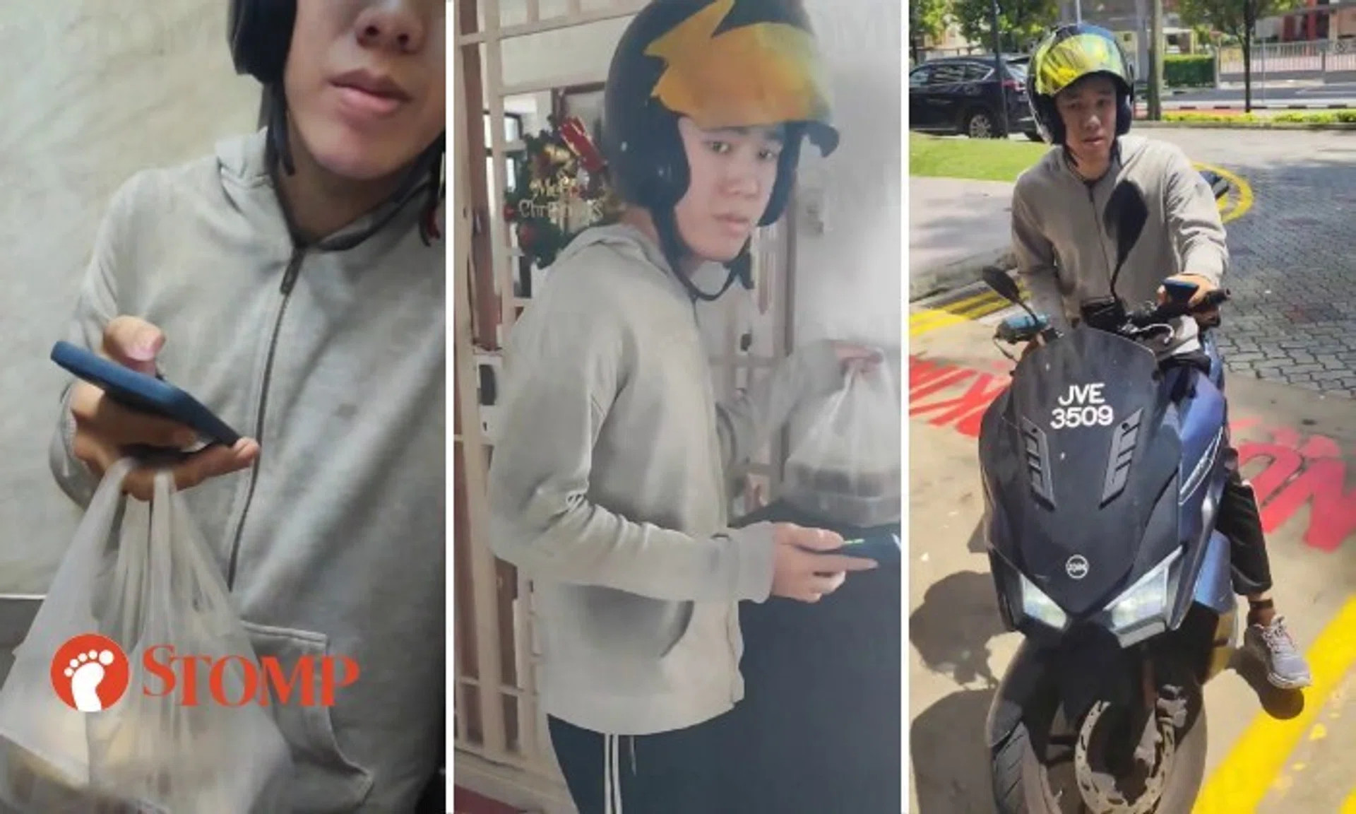 The video shows a young man in a motorcycle helmet and grey hoodie holding a phone and a plastic bag with two containers of food in a lift.