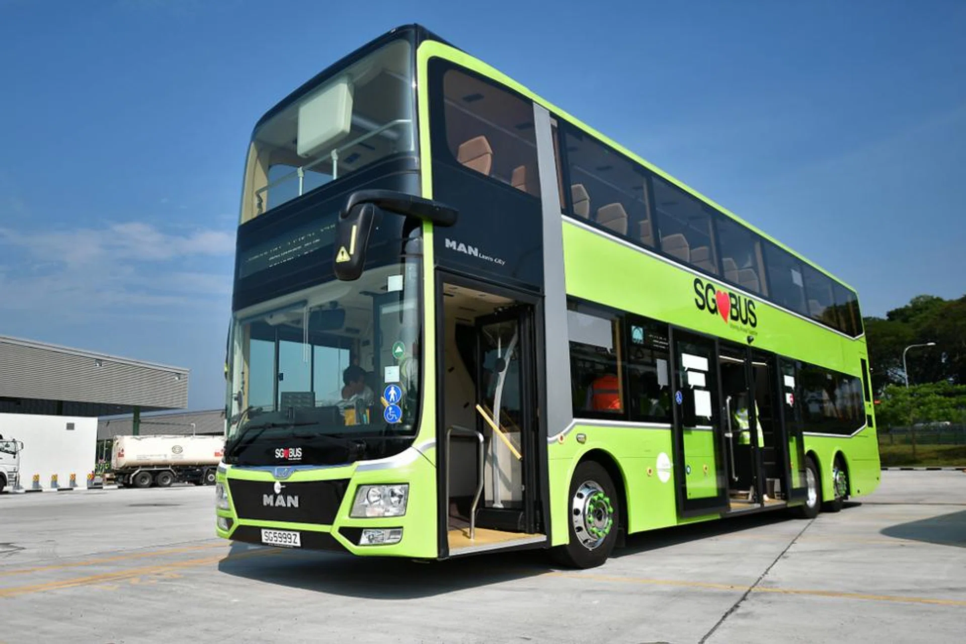 The double-decker bus has three doors and has an additional staircase, reserved for commuters leaving the upper deck to exit from the third door.
