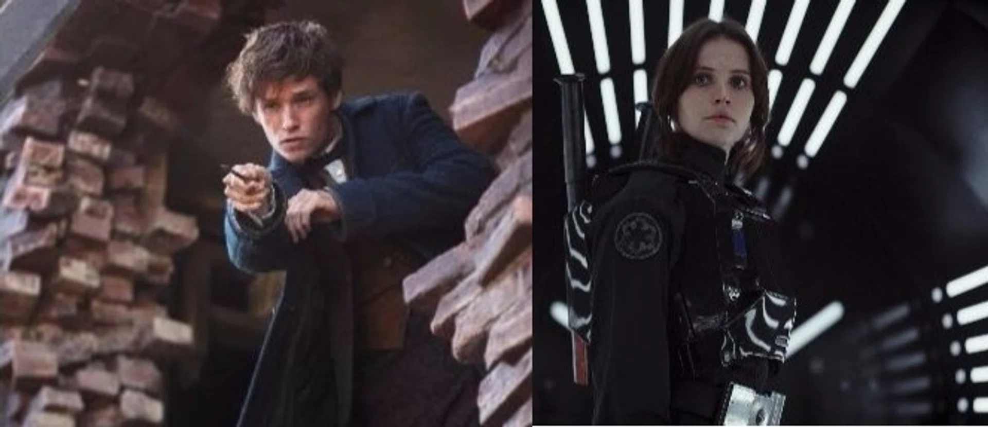 Eddie Redmayne (L) as Newt Scamander in Fantastic Beasts And Where To Find Them, while Felicity Jones is Jyn Erso in Rogue One: A Star Wars Story.