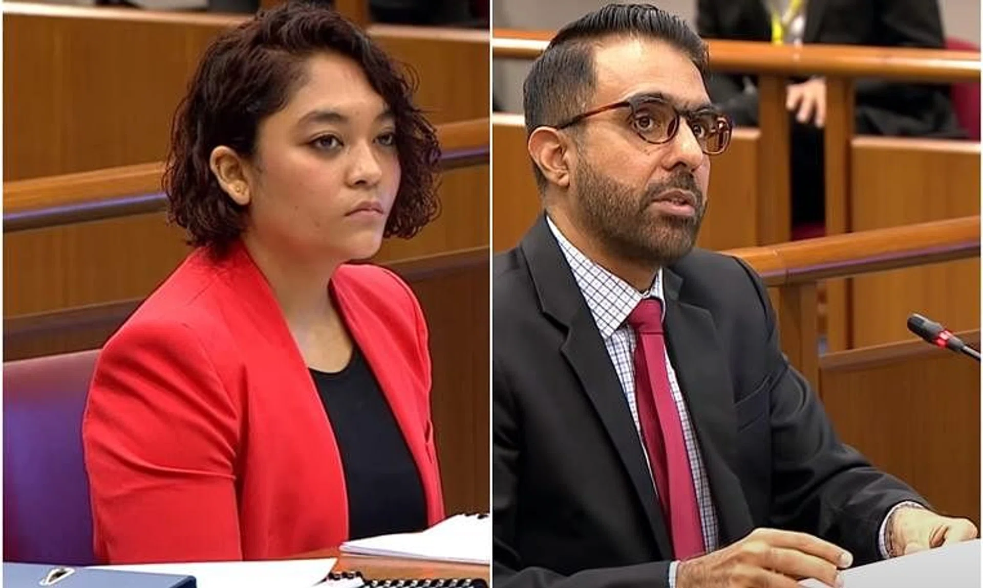 Raeesah Khan (left) and Leader of the Opposition Pritam Singh before the Parliament’s Committee of Privileges in December 2021.