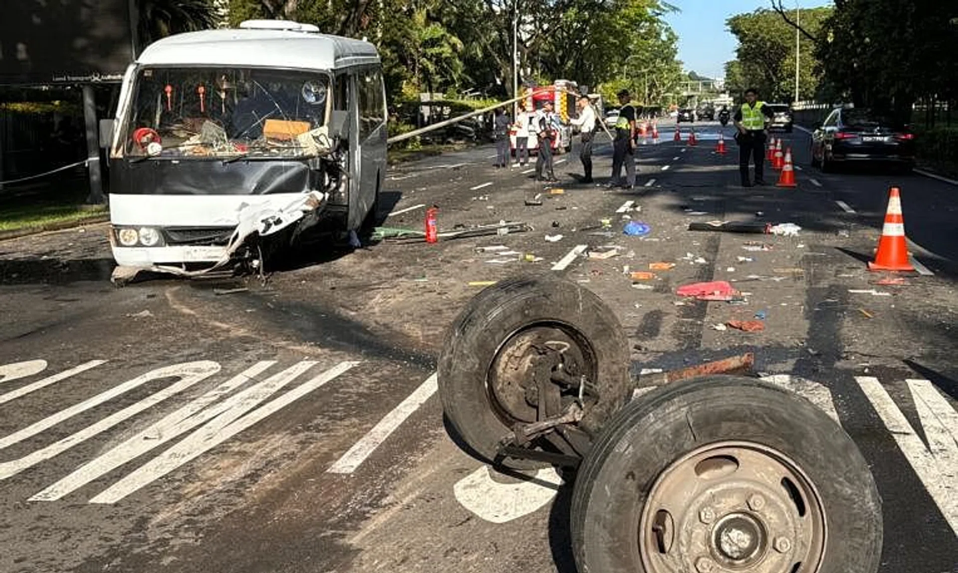 Several videos of the accident’s aftermath shared in a Telegram group show a badly damaged bus with its two front wheels dislodged.