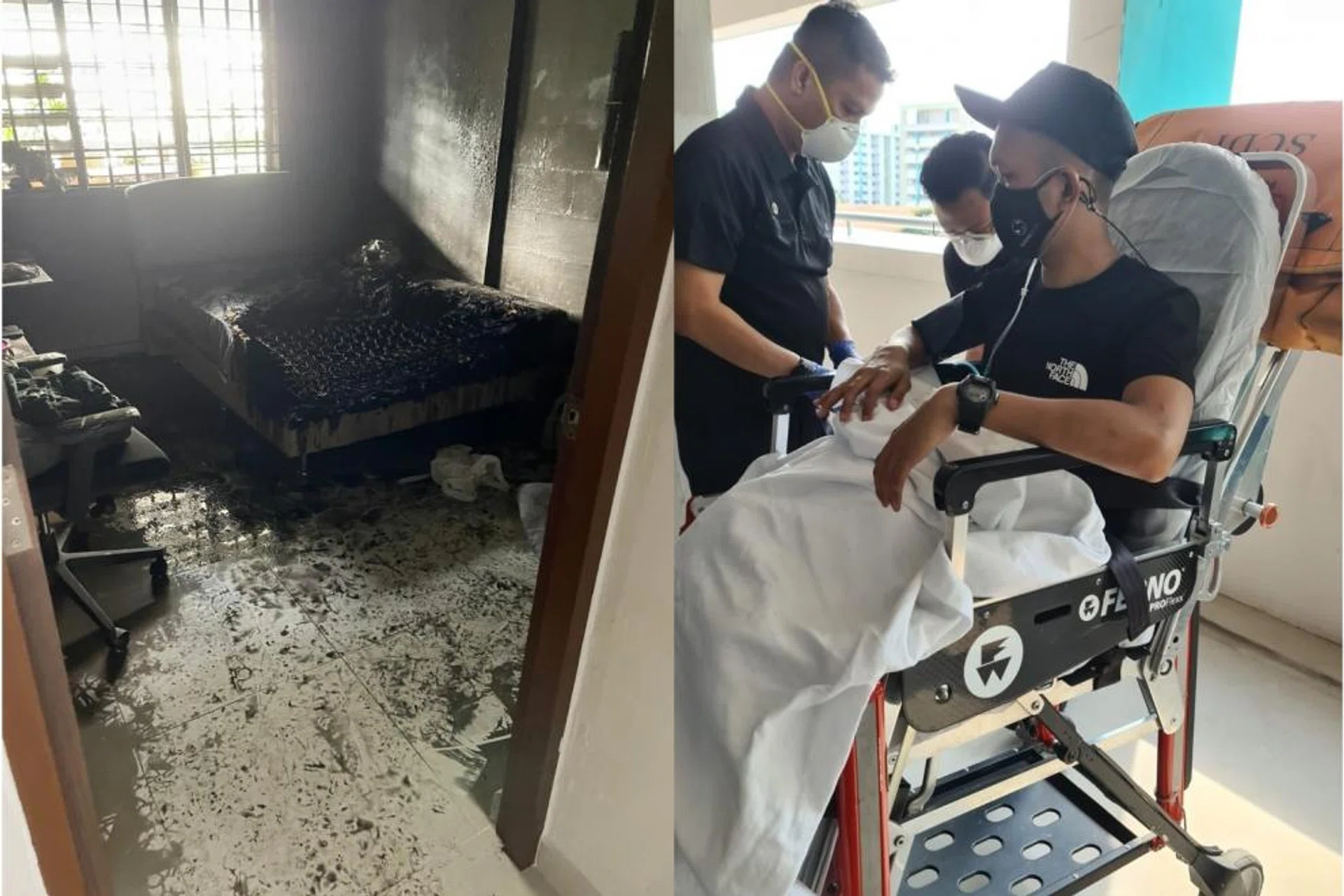 Most of the furniture in the tenant's room were burned in the fire, the cause of which is under investigation. (Above, right) Mr Muhammad Nasiruddin Md Khalid was taken to hospital after the incident. 