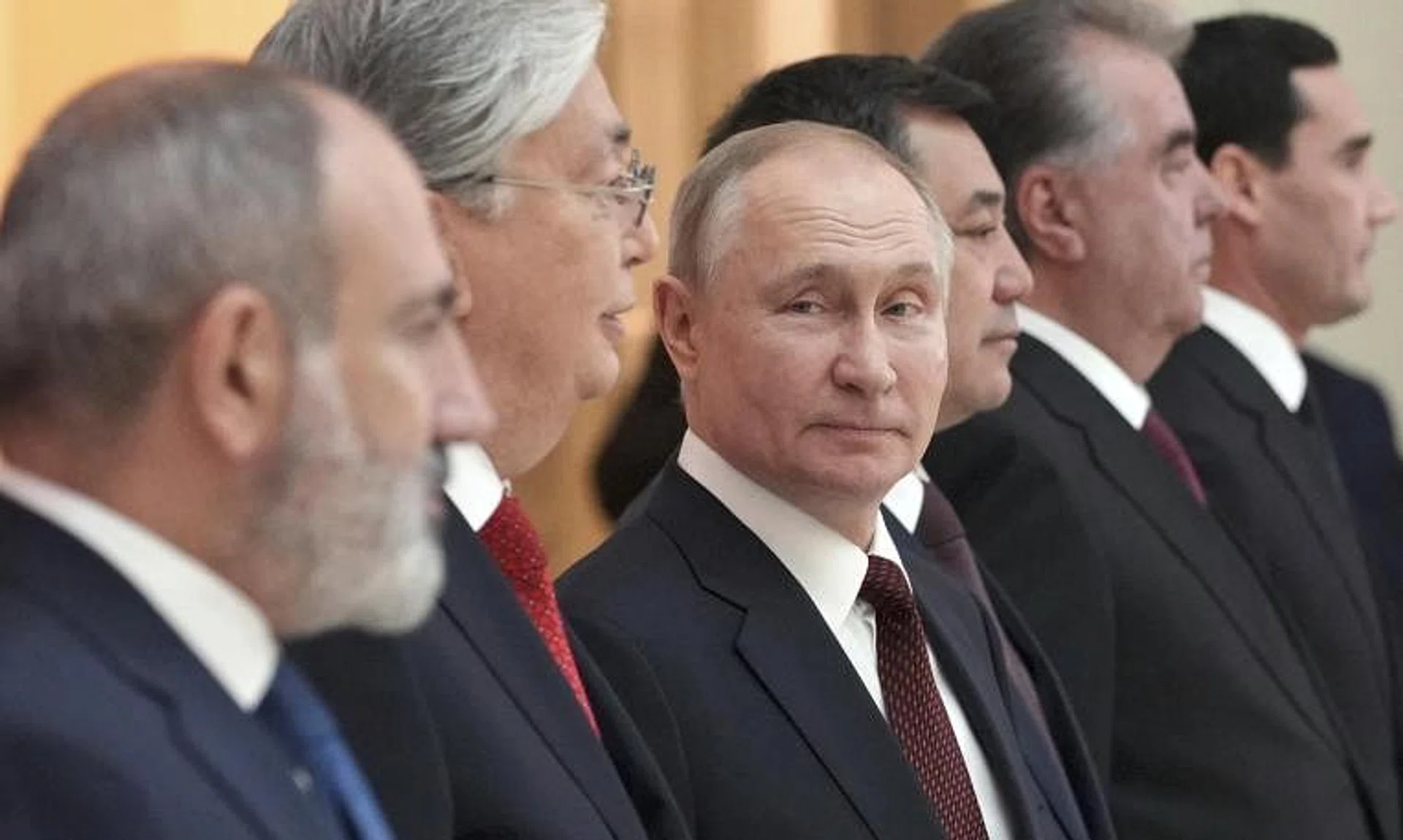 Mr Putin (centre) gave eight golden rings to Moscow-allied leaders of post-Soviet countries.