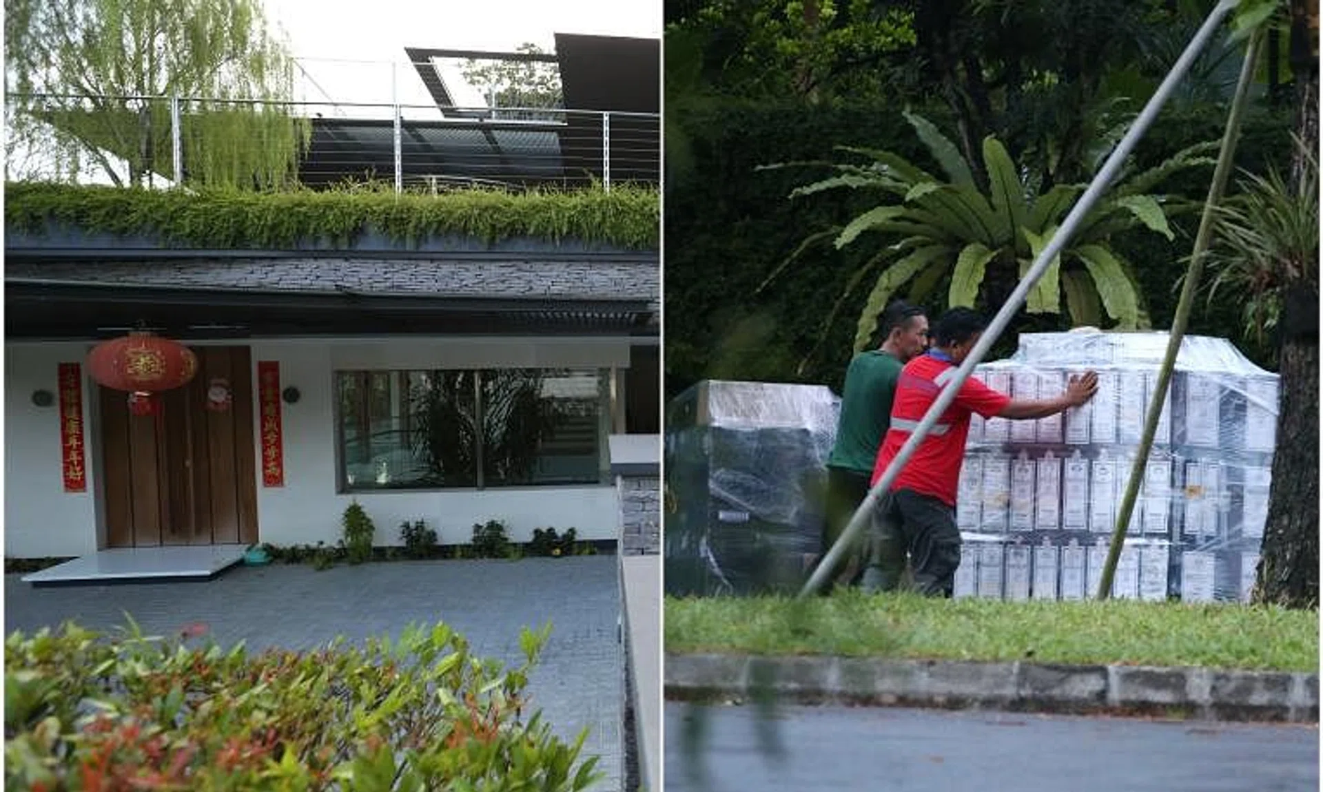 A GCB in Nassim Road (left) previously rented by alleged money laundering offender Su Baolin, and movers at Vang Shuiming's GCB in Bishopsgate on Oct 18.