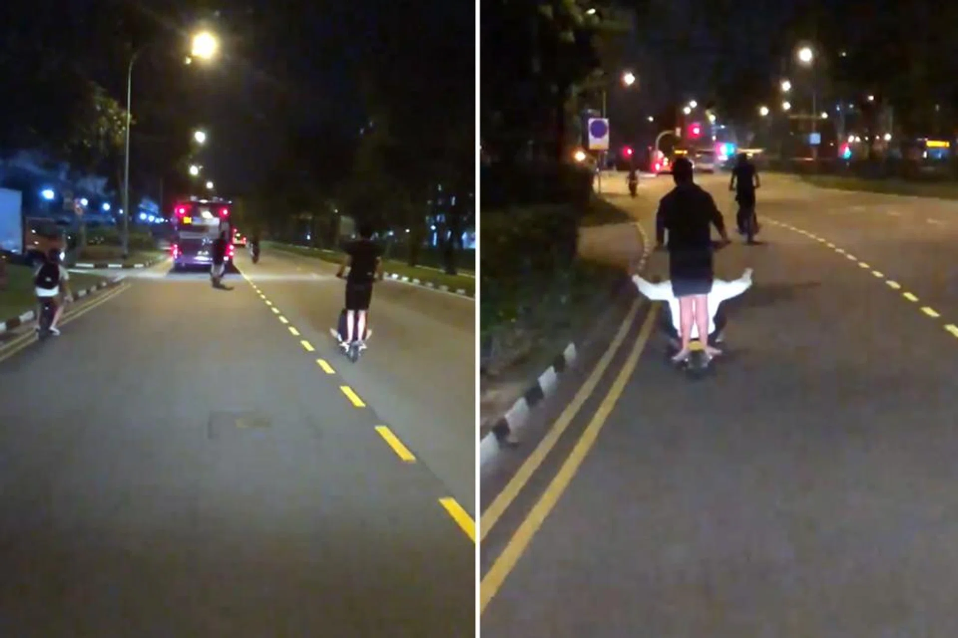 The four e-scooter riders, two of whom had passengers riding pillion, were captured on video. 