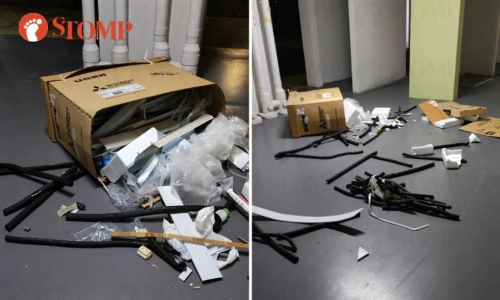 Air-con piping, styrofoam packaging and other rubbish from the Mitsubishi Electric box strewn about the void deck of Block 51 Lengkok Bahru.