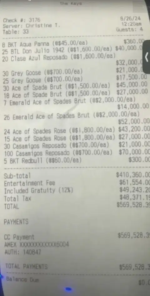 The receipt from one of Lam's blowout outings making the rounds on social media.
