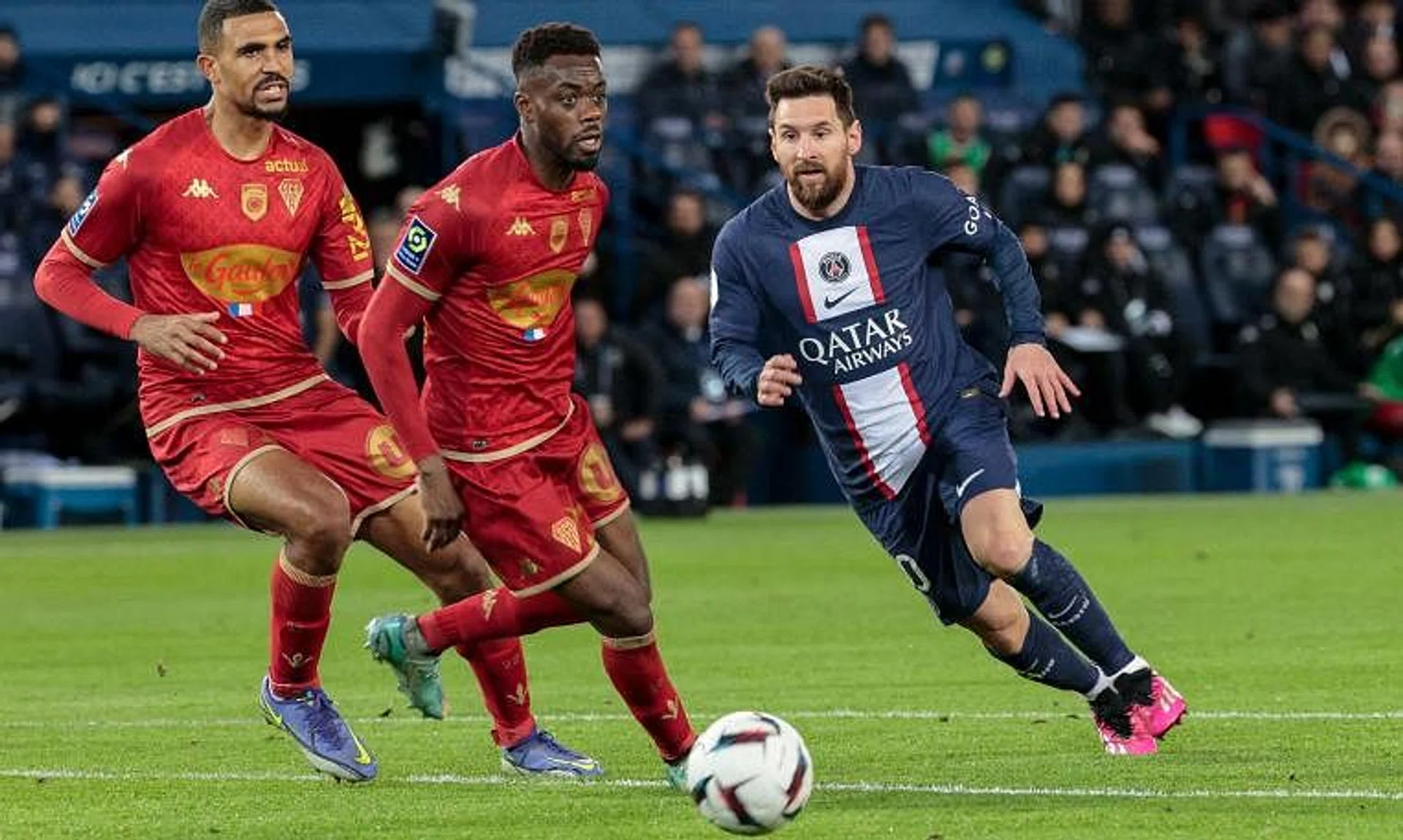 Lionel Messi (right) was back in the starting line-up for this game against Ligue 1‘s bottom side.
