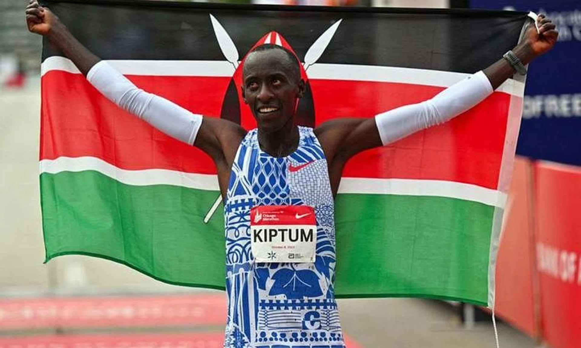 Kenyan Kelvin Kiptum celebrating after setting a new world record of 2:00:35 at the 2023 Chicago Marathon. 
