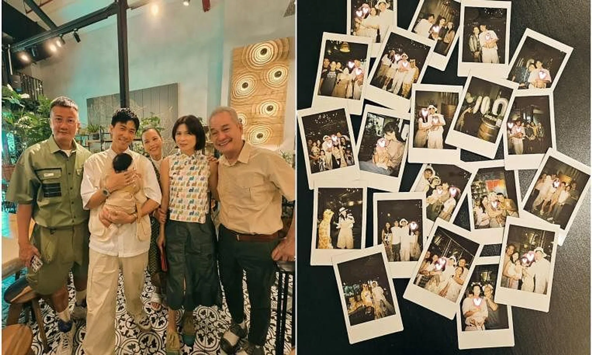 Singaporean actor Desmond Tan's baby girl's 100th-day party was attended by celebrity guests like (from left) Chen Hanwei, Zoe Tay, Pan Lingling and Richard Low.