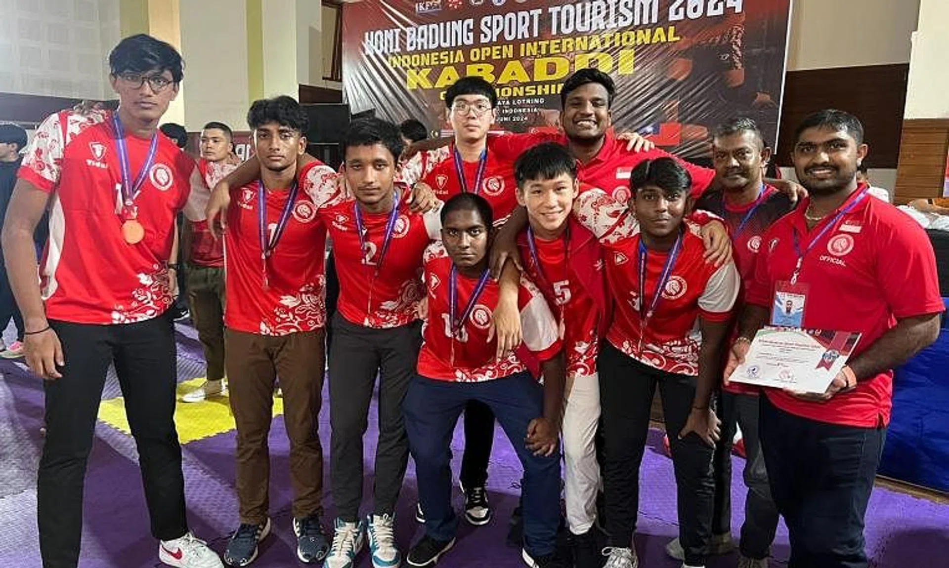 The national men's kabaddi team with their medals after clinching bronze at the Koni Badung Sports Tourism 2024 Indonesia Open International Kabaddi Championship. 