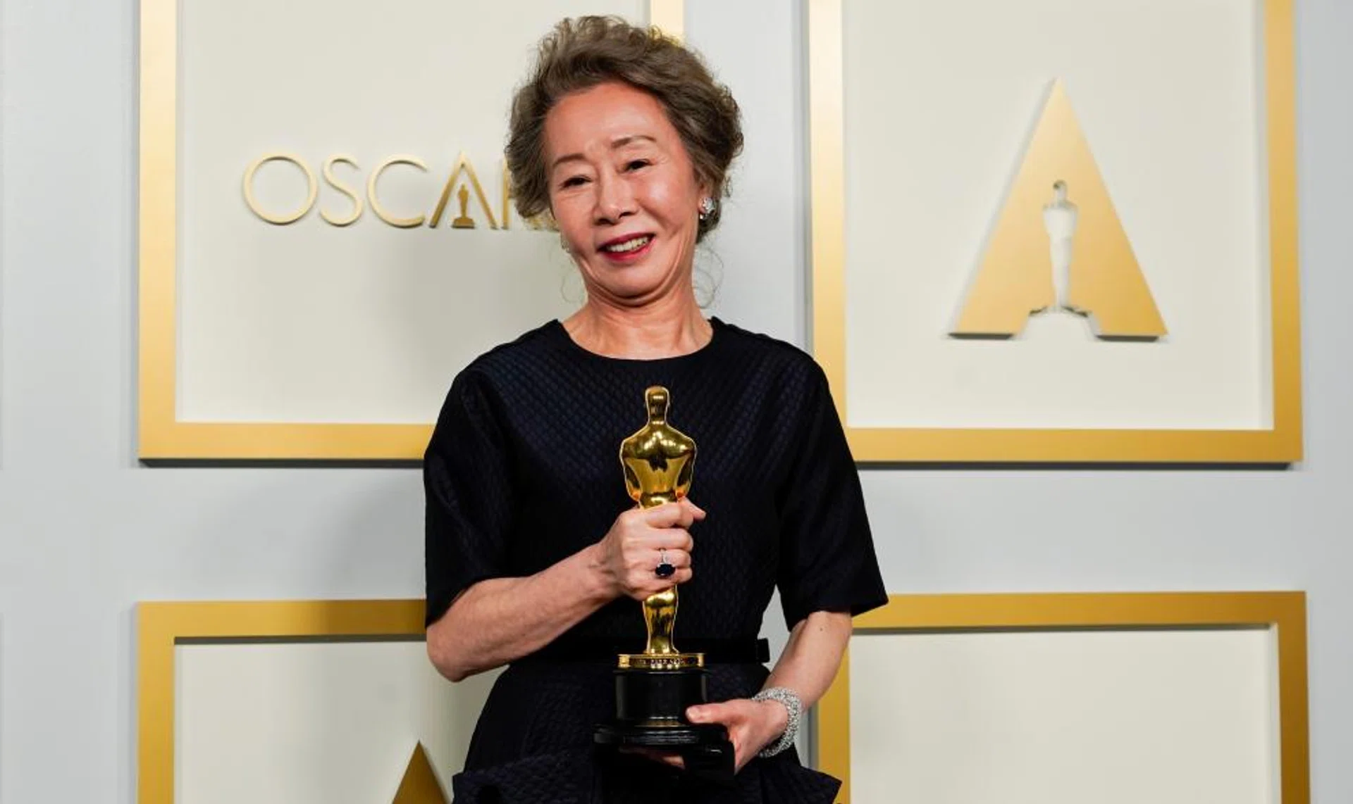 Youn Yuh-Jung, winner of the award for Best Actress in a Supporting Role for "Minari", poses at the press room of the Oscars, in the 93rd Academy Awards in Los Angeles, California, U.S., April 25, 2021. 