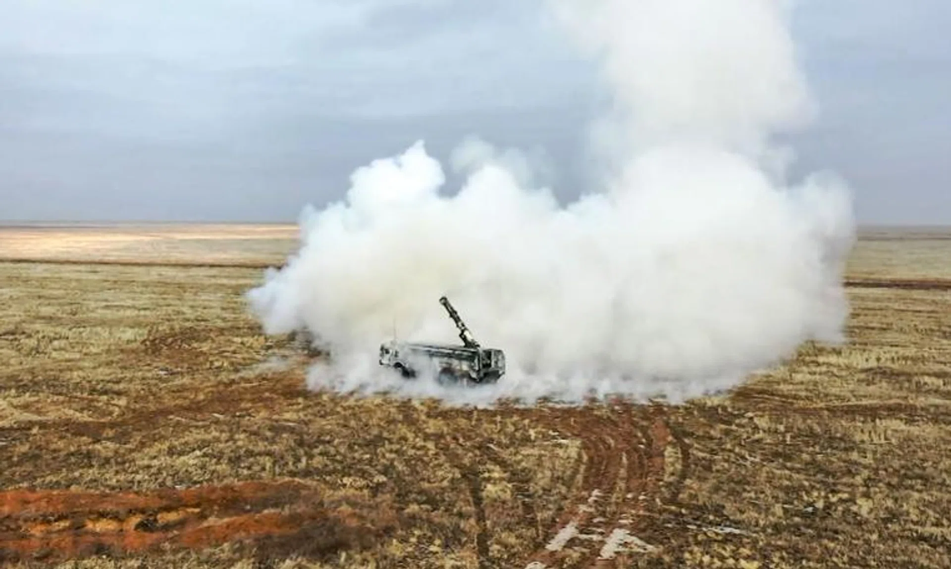 A Russian Iskander-K missile launching as part of the Grom-2022 Strategic Deterrence Force exercise at an undefined location in Russia.