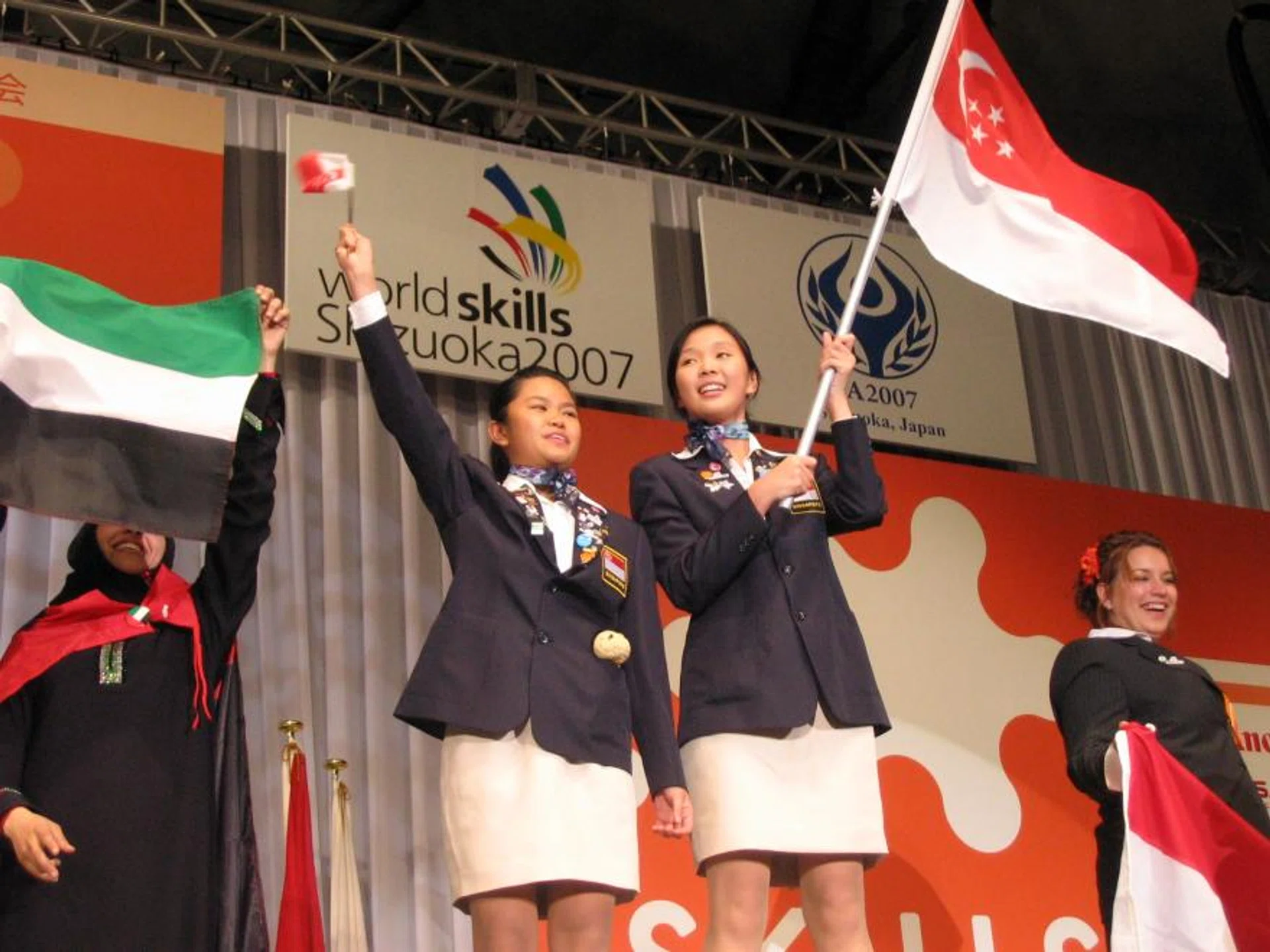 Ms Poh (left) and her nursing course mate won the first Gold Medal in Caring in the WorldSkills Competition Shizuoka 2007, when the skill category was first introduced at the competition.