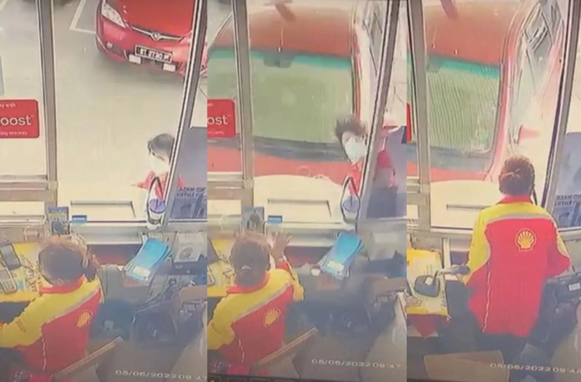 CCTV images showing the car hitting the woman (facing camera) at the petrol station.