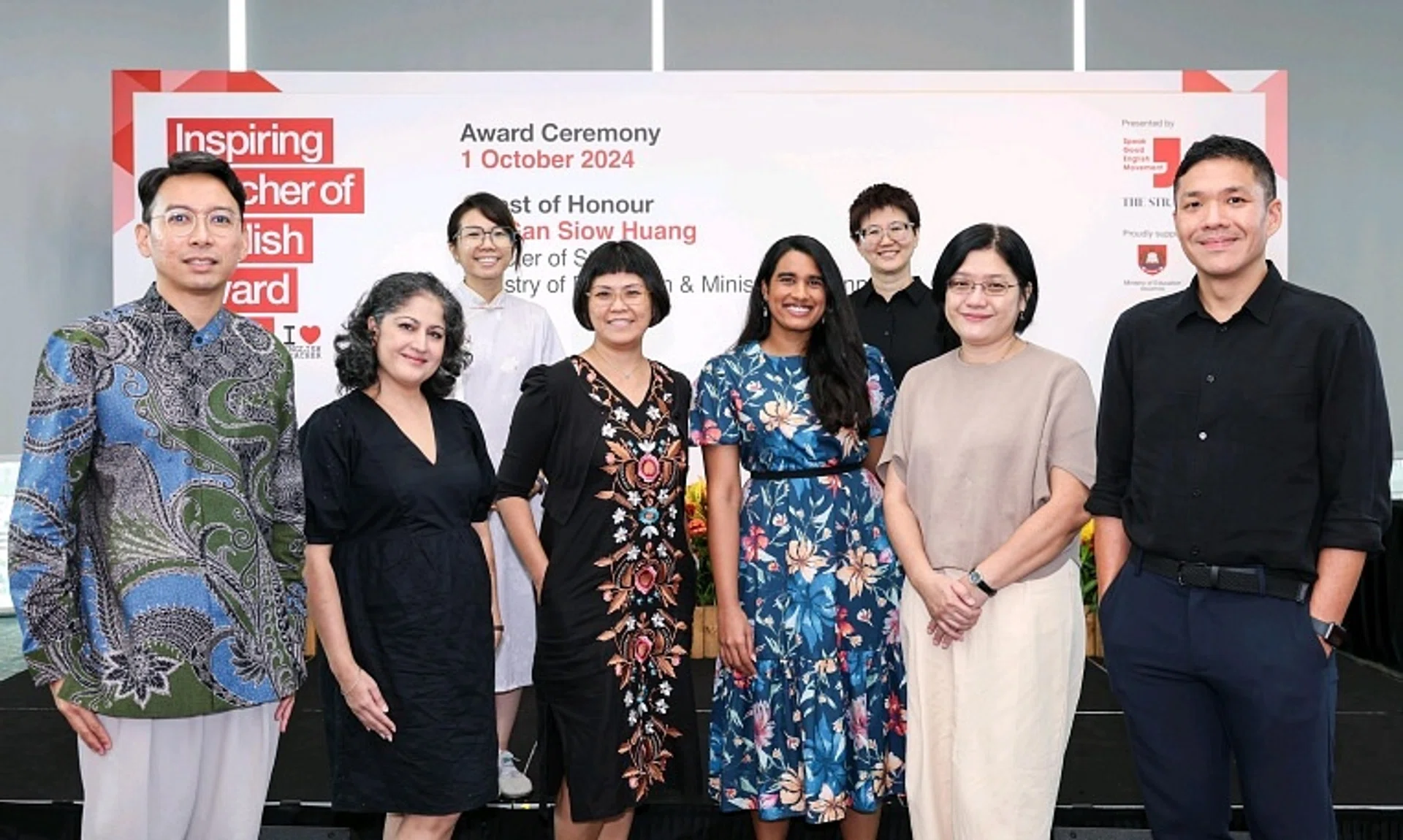 (From left) Mr Mohamed Firdaus Mohamed Sukor, Ms Tina Kishore Sajani, Ms Yeo Xin Yi, Ms Lim Peng Peng, Ms Sarah Christian, Ms Goh Li-Ern Faith, Ms Wang Pei Hua Lydia and Mr Peter Chutatape received the Inspiring Teacher of English Award.
