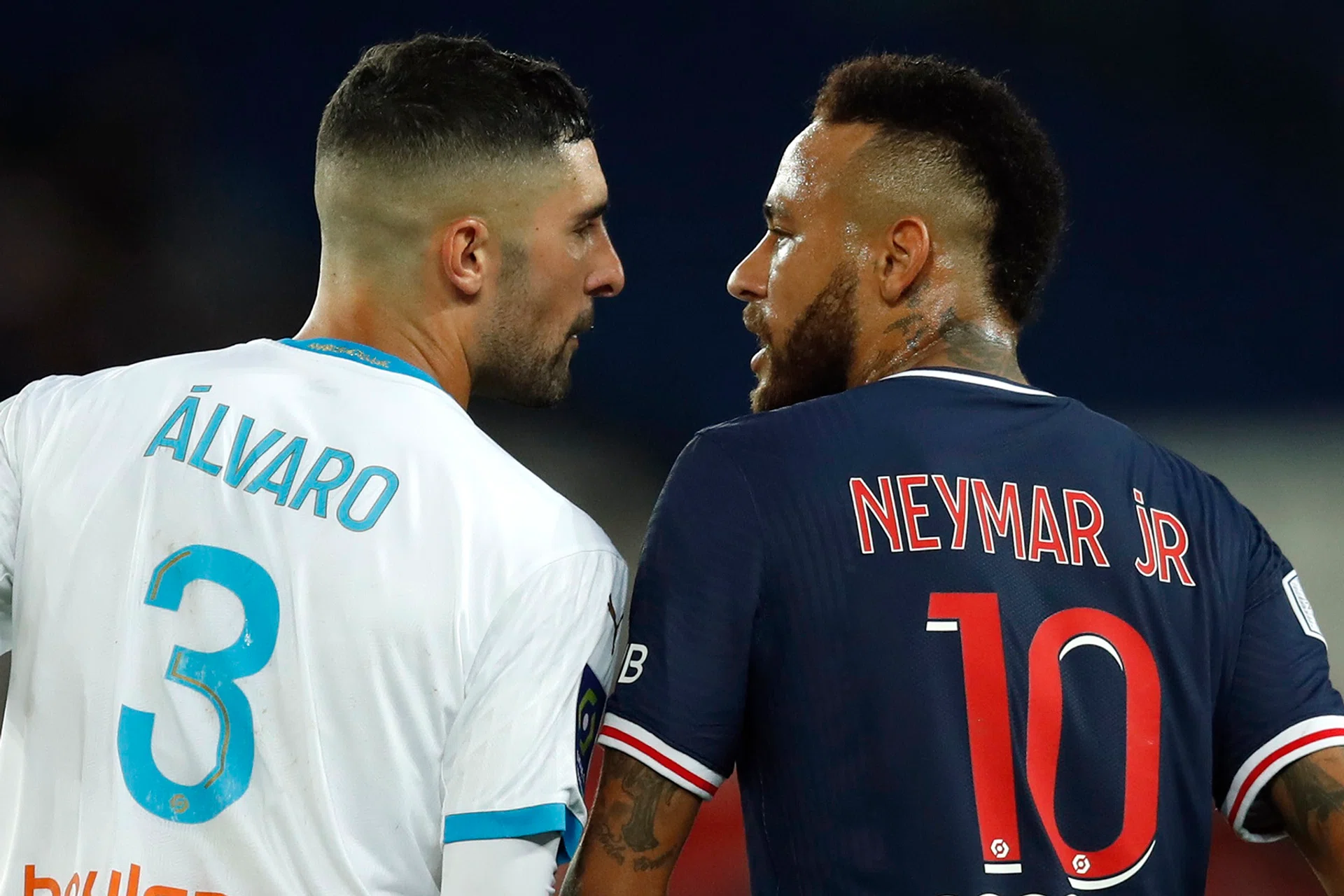 Paris Saint-Germain's Neymar is sent off for slapping Marseille defender Alvaro Gonzalez. 