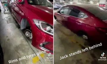 Singapore car in JB mall carpark stripped of all its wheels