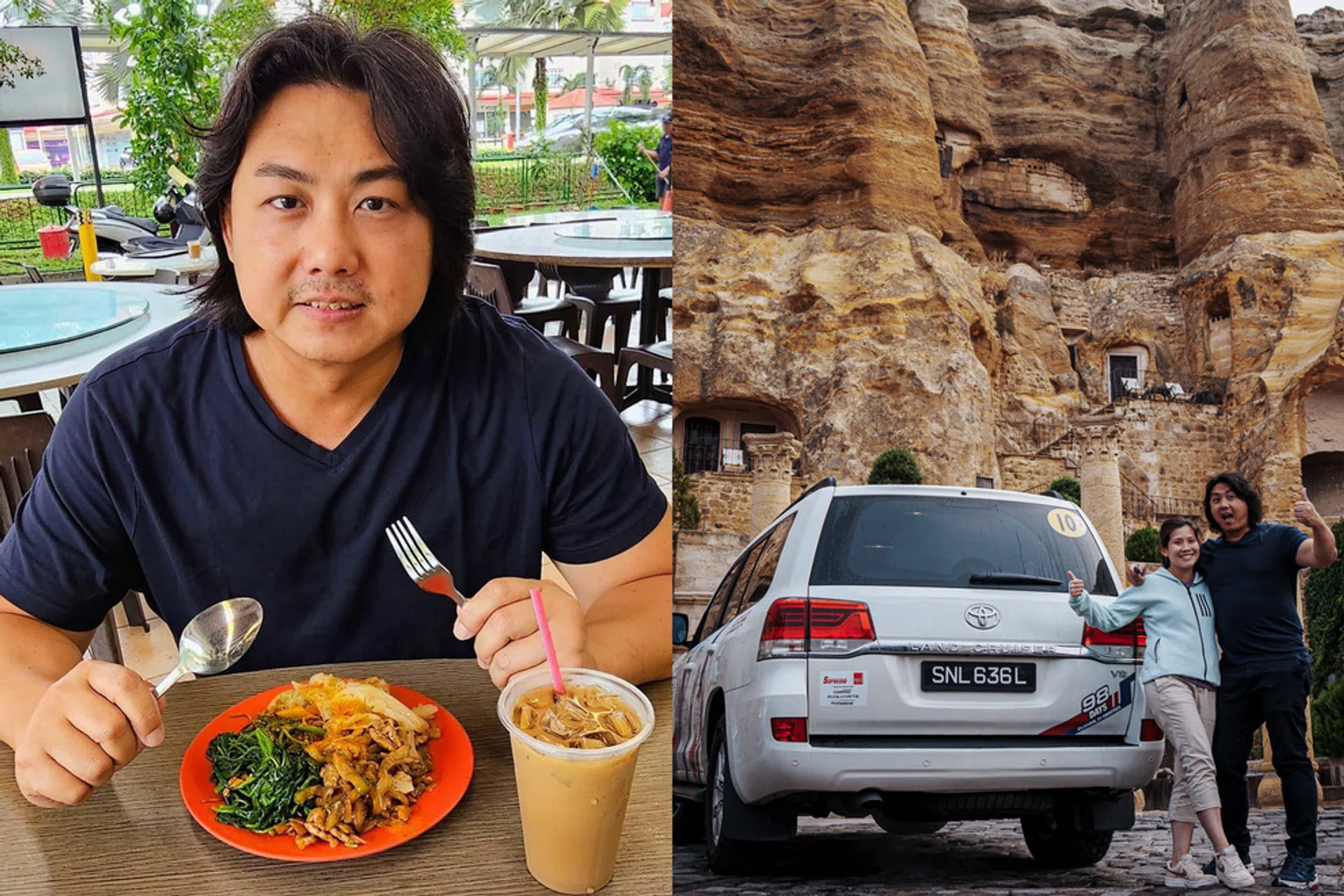 Mr Jeremy See back in Singapore having a simple meal at a coffee shop and in Turkiye with his wife posing next to their car (right).