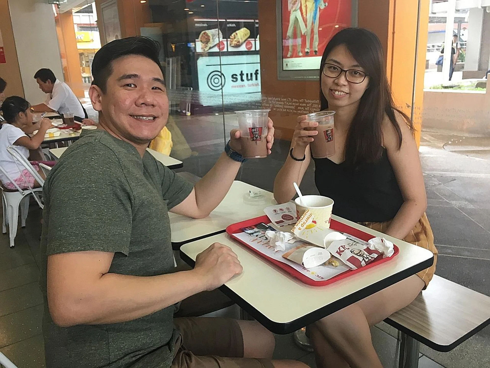 Mr Leon Dai and his wife at KFC Hougang Mall yesterday. 