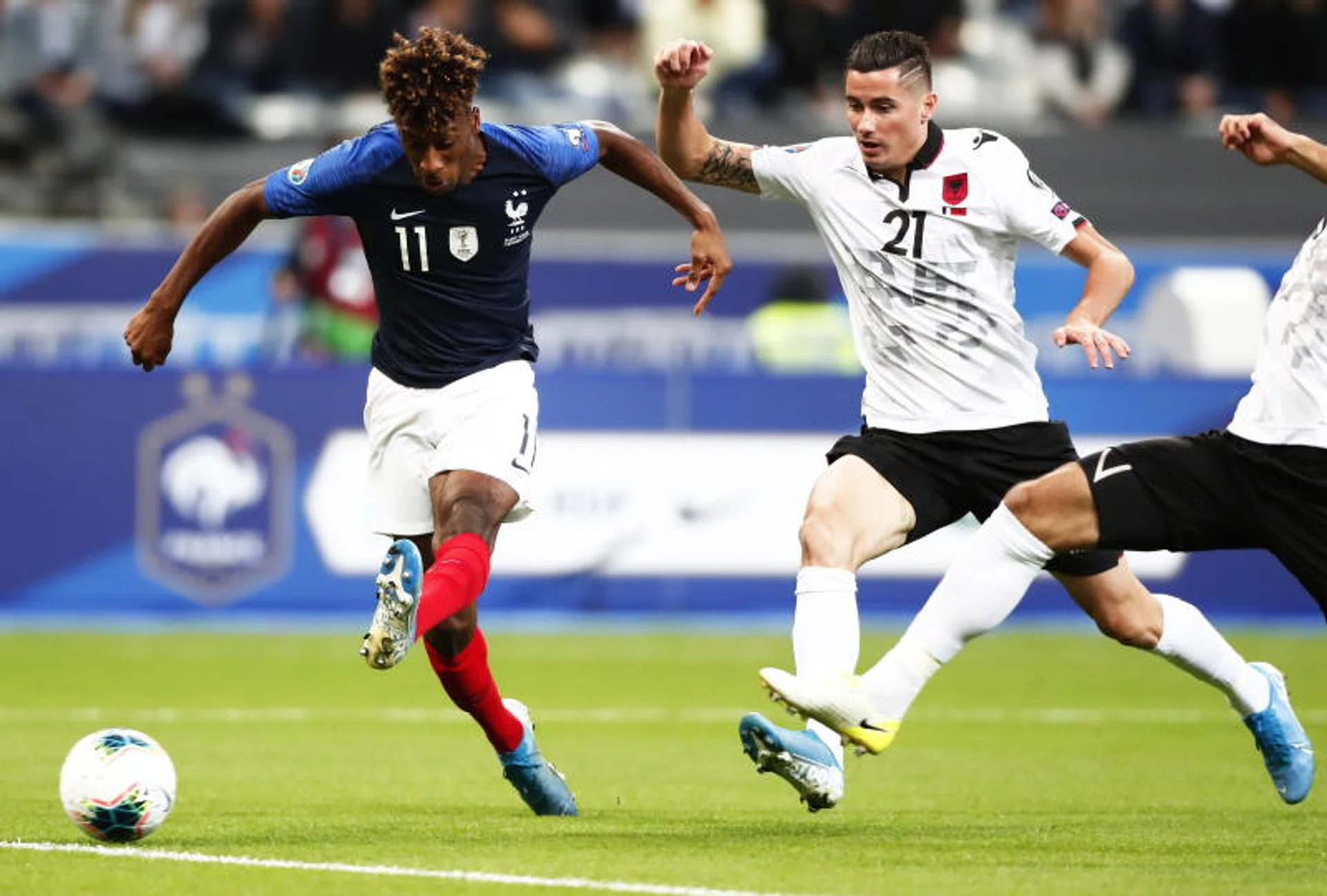 France's Kingsley Coman (left) opening the scoring against Albania.