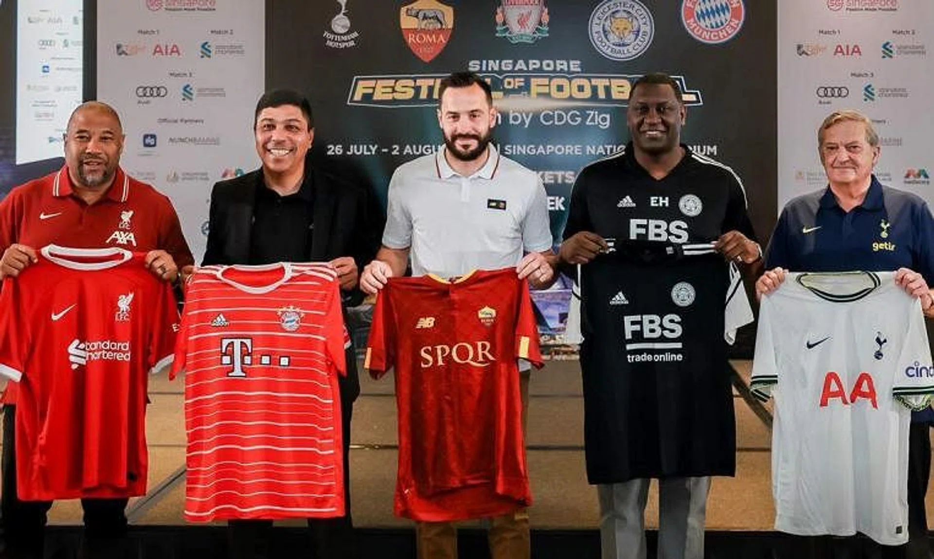 (From left) Football legends Liverpool’s John Barnes, Bayern Munich’s Giovane Elber, Roma’s Marco Cassetti, Leicester City’s Emile Heskey and Tottenham Hotspur’s Gary Mabbutt at the Singapore Festival of Football press conference on May 16.