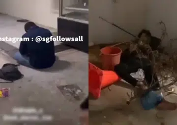 Teens throw water and bully drunk man at void deck