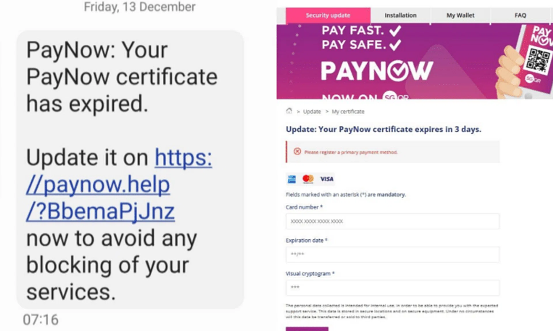 Victims were tricked into sharing their personal details at a fake PayNow website. 