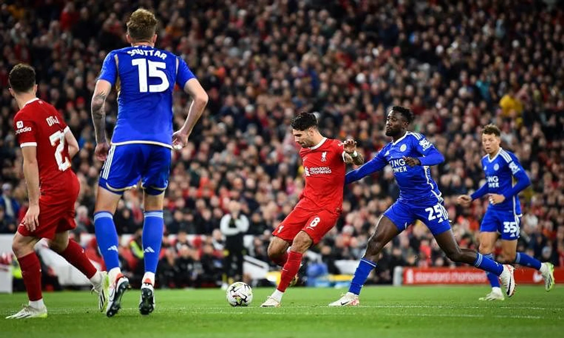 Liverpool's Hungarian midfielder Dominik Szoboszlai shoots and scores the second goal.