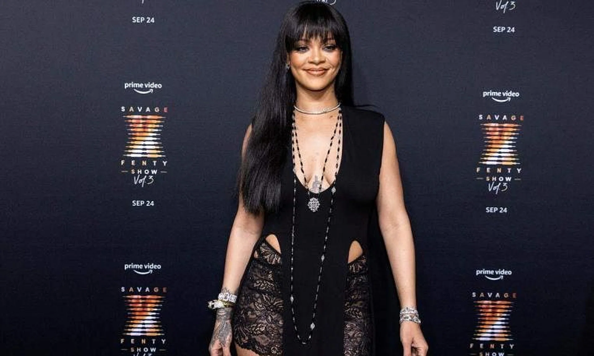 Rihanna poses during the premiere of Rihanna's Savage X Fenty Show Vol. 3 event in New York City on Sept 22, 2021. 