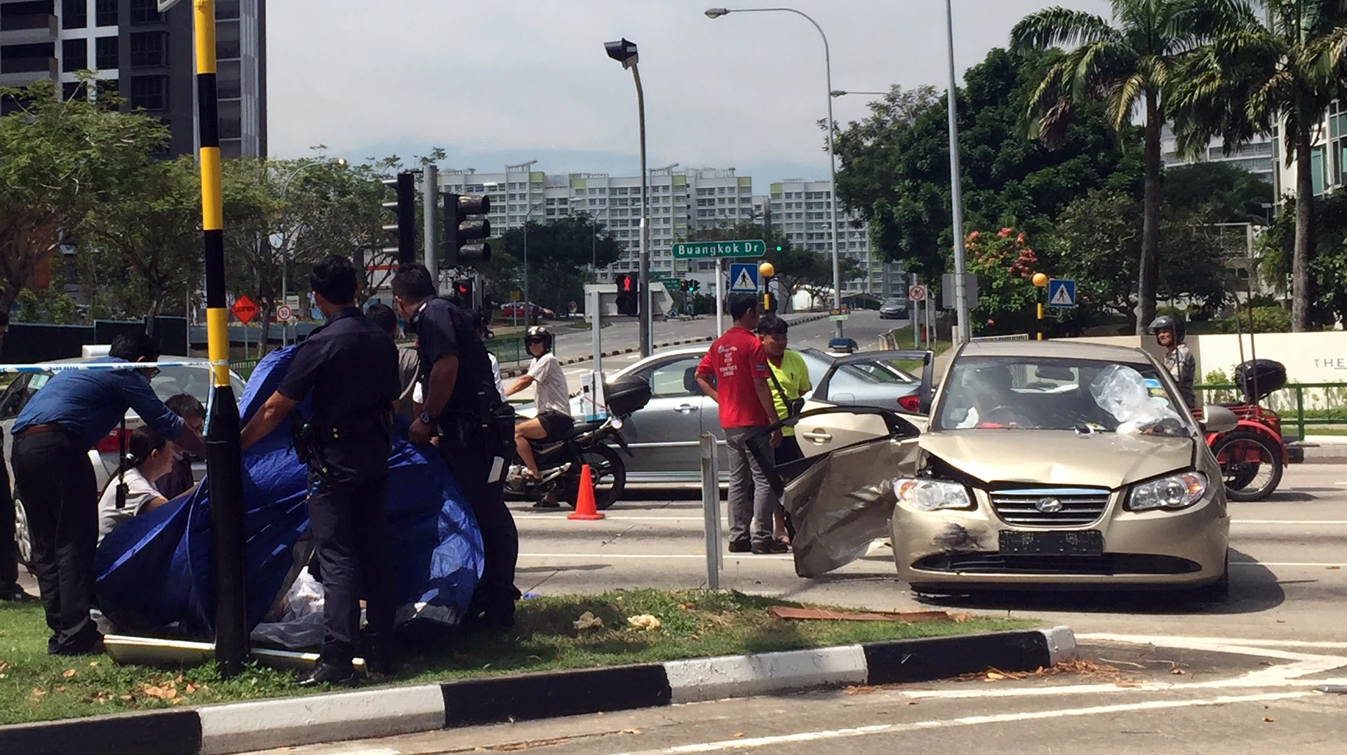 COLLISION: An accident took place at the junction of Sengkang Central and Buangkok Drive around 12.30pm yesterday. A 79-year-old man, believed to have been driving a Hyundai (car in right of picture), died in the accident.